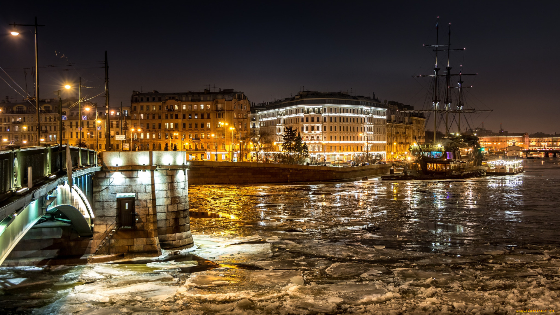 exchange, bridge, , saint, petersburg, корабли, парусники, огни, мост, ночь