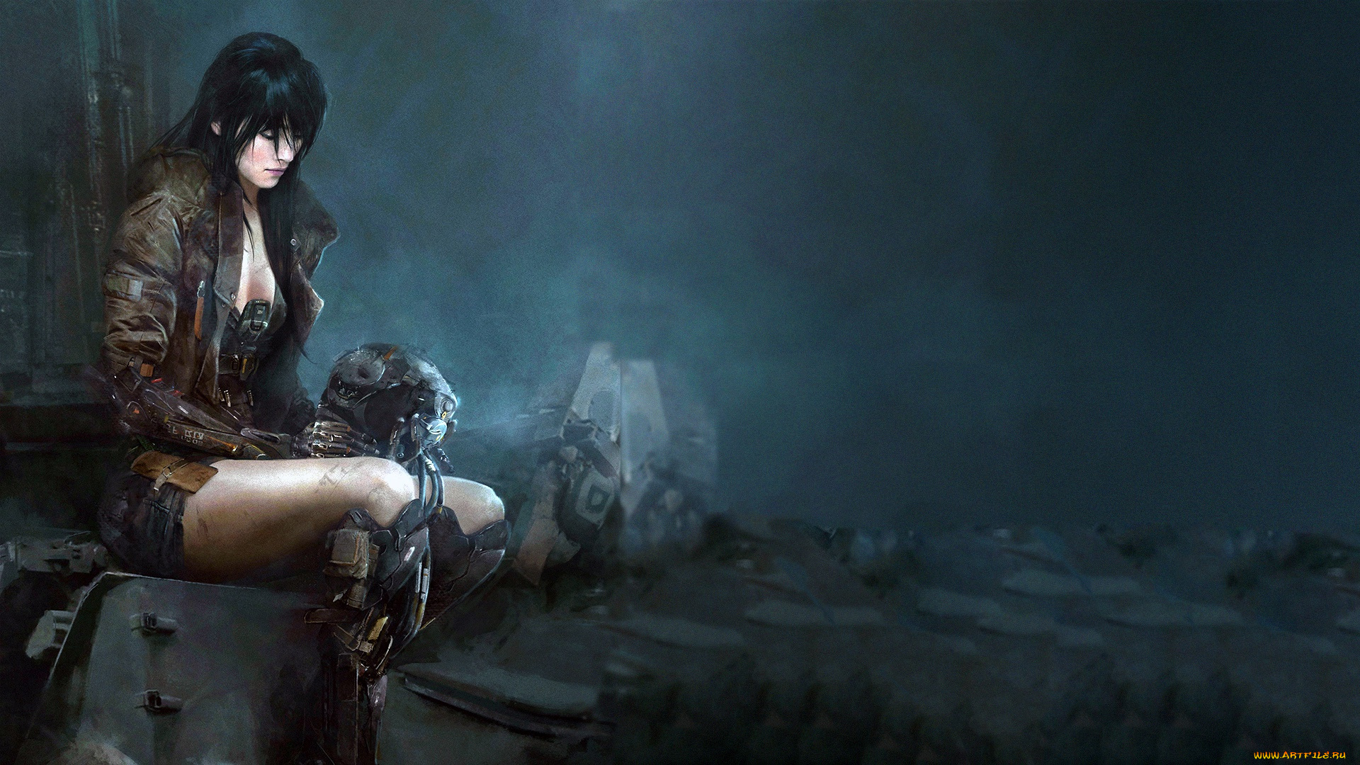 фэнтези, роботы, , киборги, , механизмы, woman, robot, digital, art, shorts, girl, cable, dark, cyberpunk, leather, jacket, cyborg, fantasy, artwork