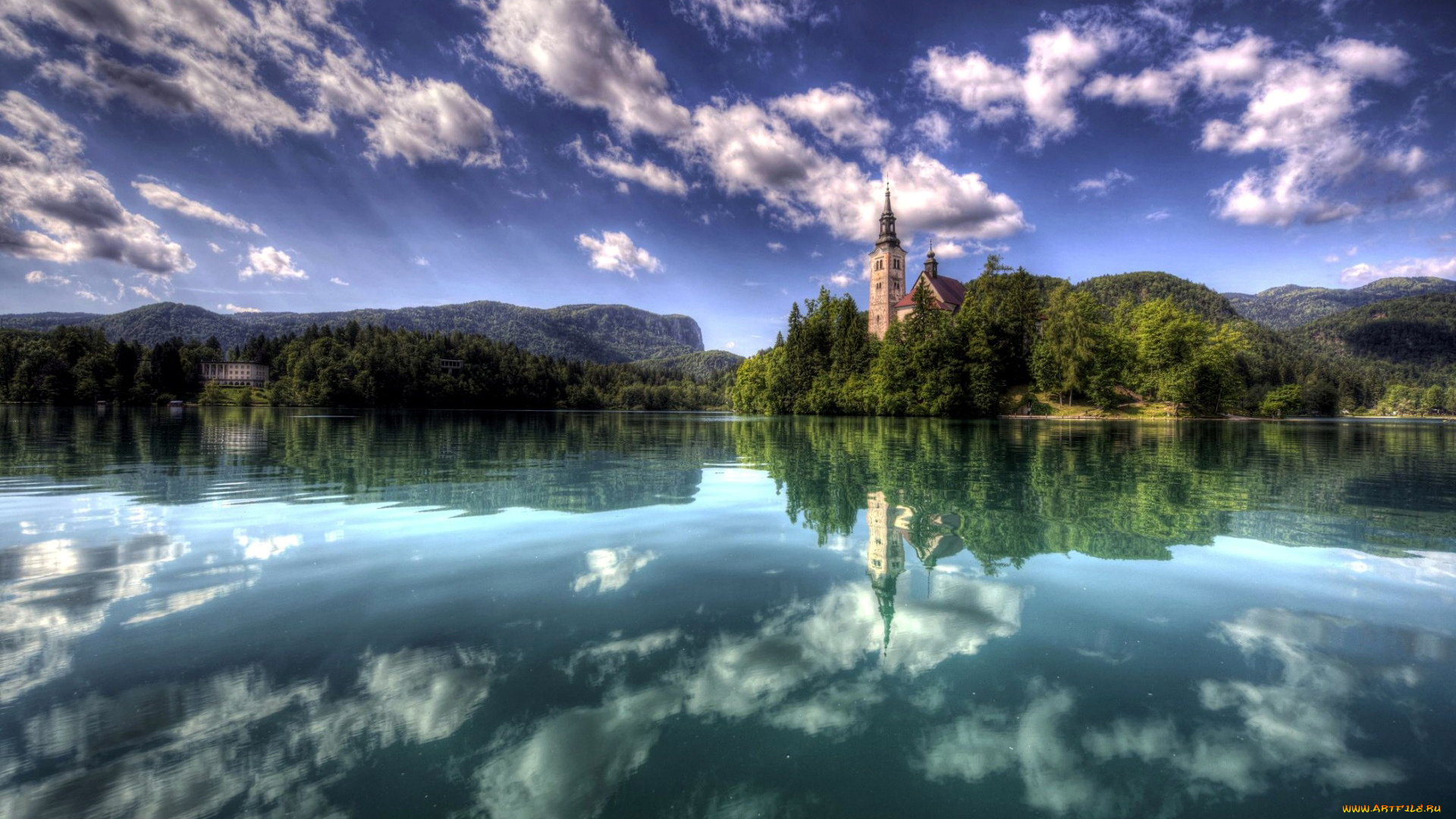 города, блед, , словения, остров, отражение, озеро