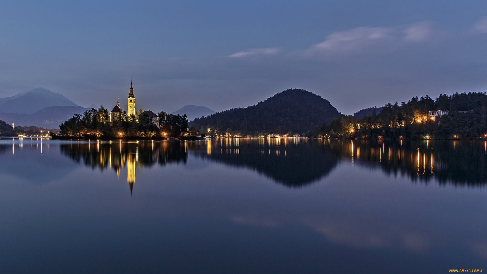 города, блед, , словения, отражение, озеро, остров