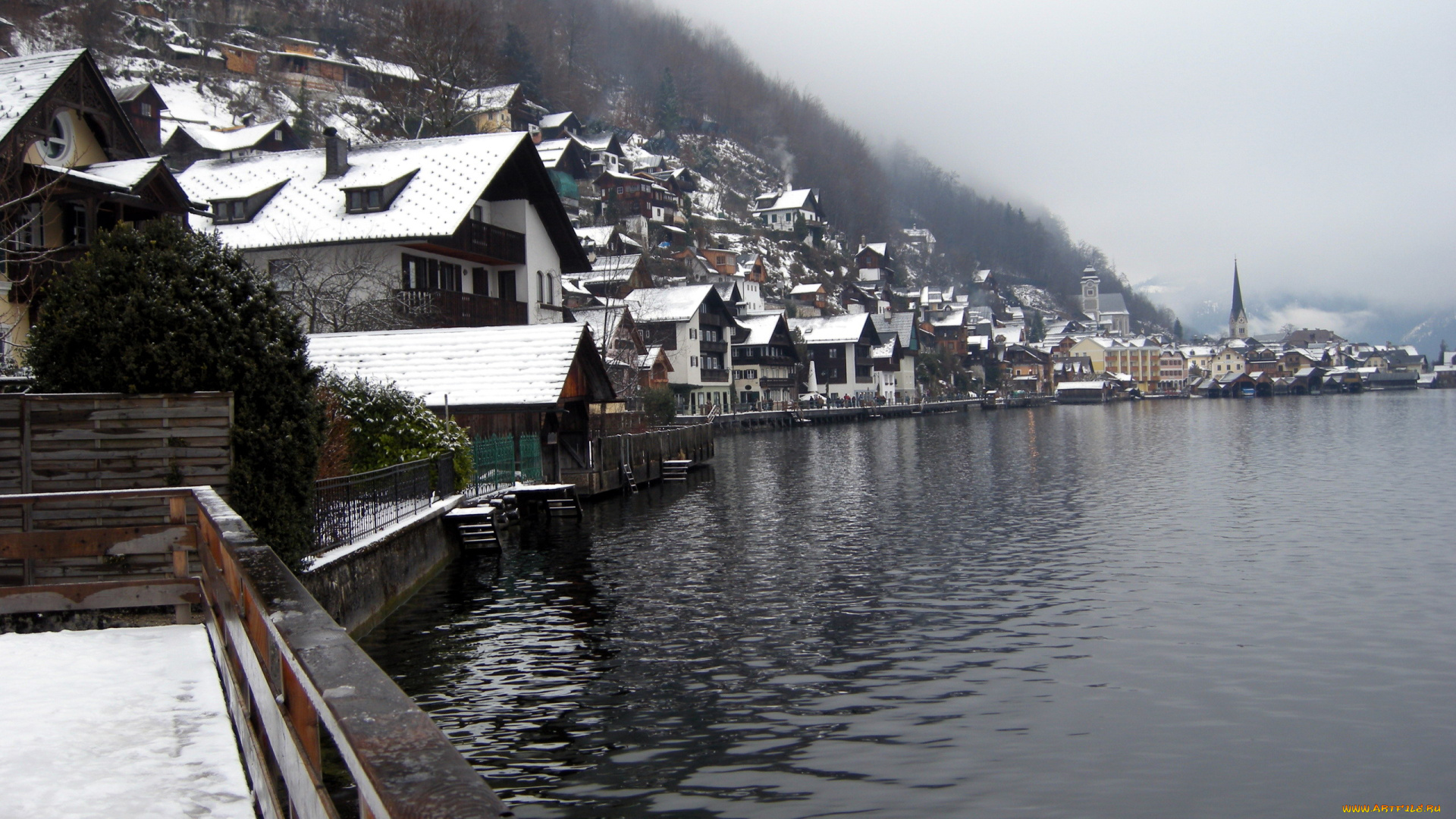 города, гальштат, , австрия, озеро, зима, горы