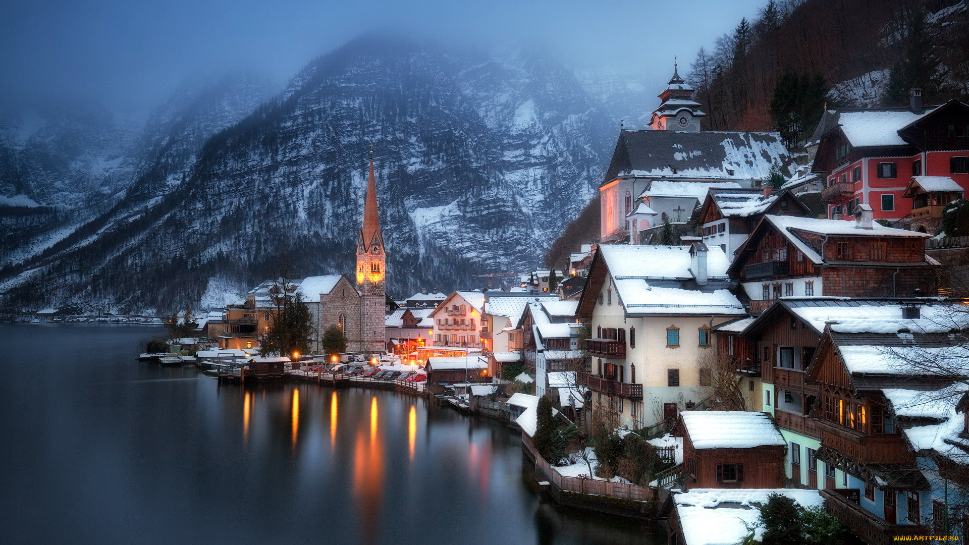 города, гальштат, , австрия, вечер, зима, озеро, горы