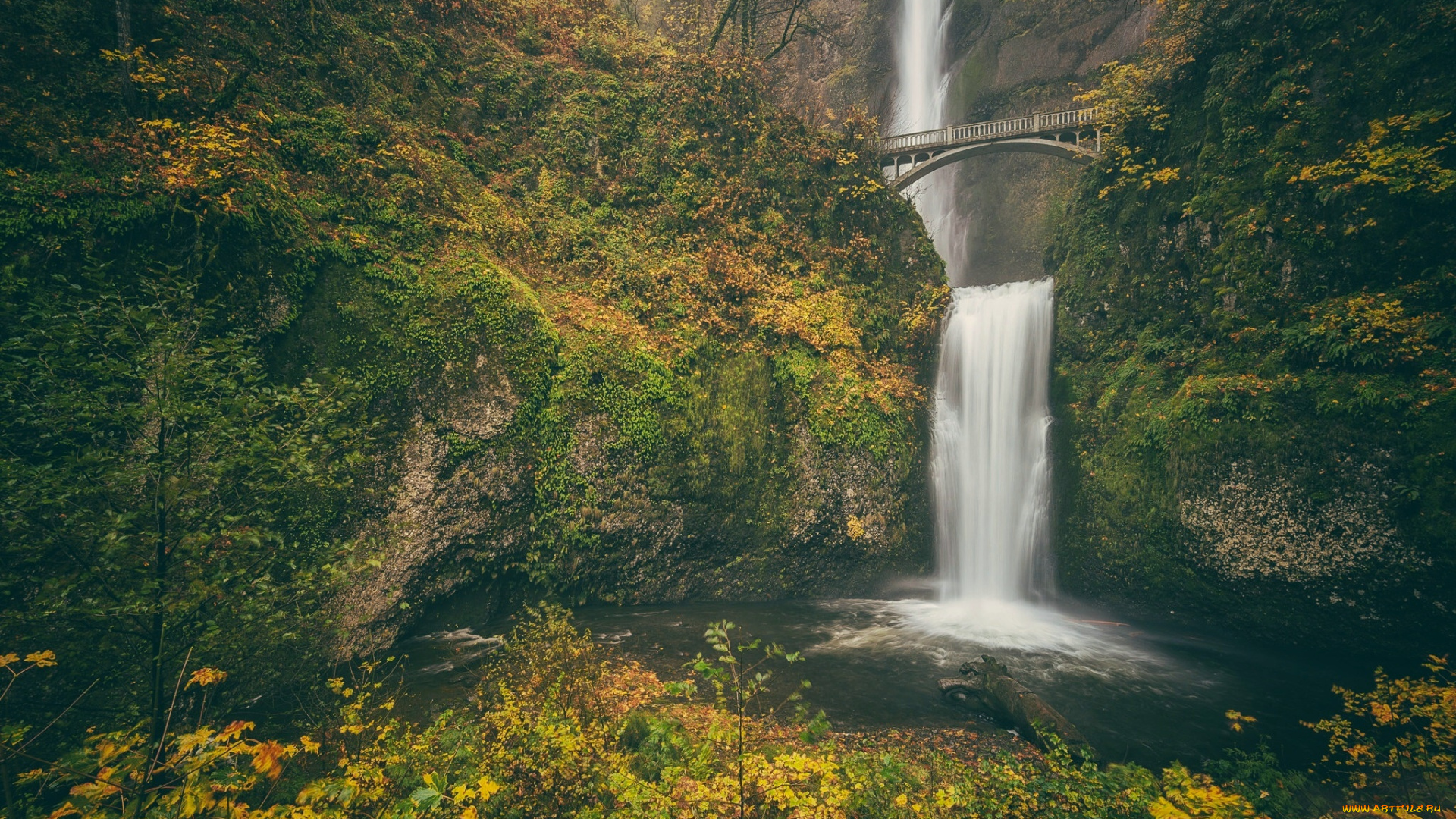 природа, водопады, columbia, river, gorge, осень, водопад, орегон, ущелье, реки, колумбия, мост, бенсона, скала, benson, bridge, малтнома, oregon, multnomah, falls