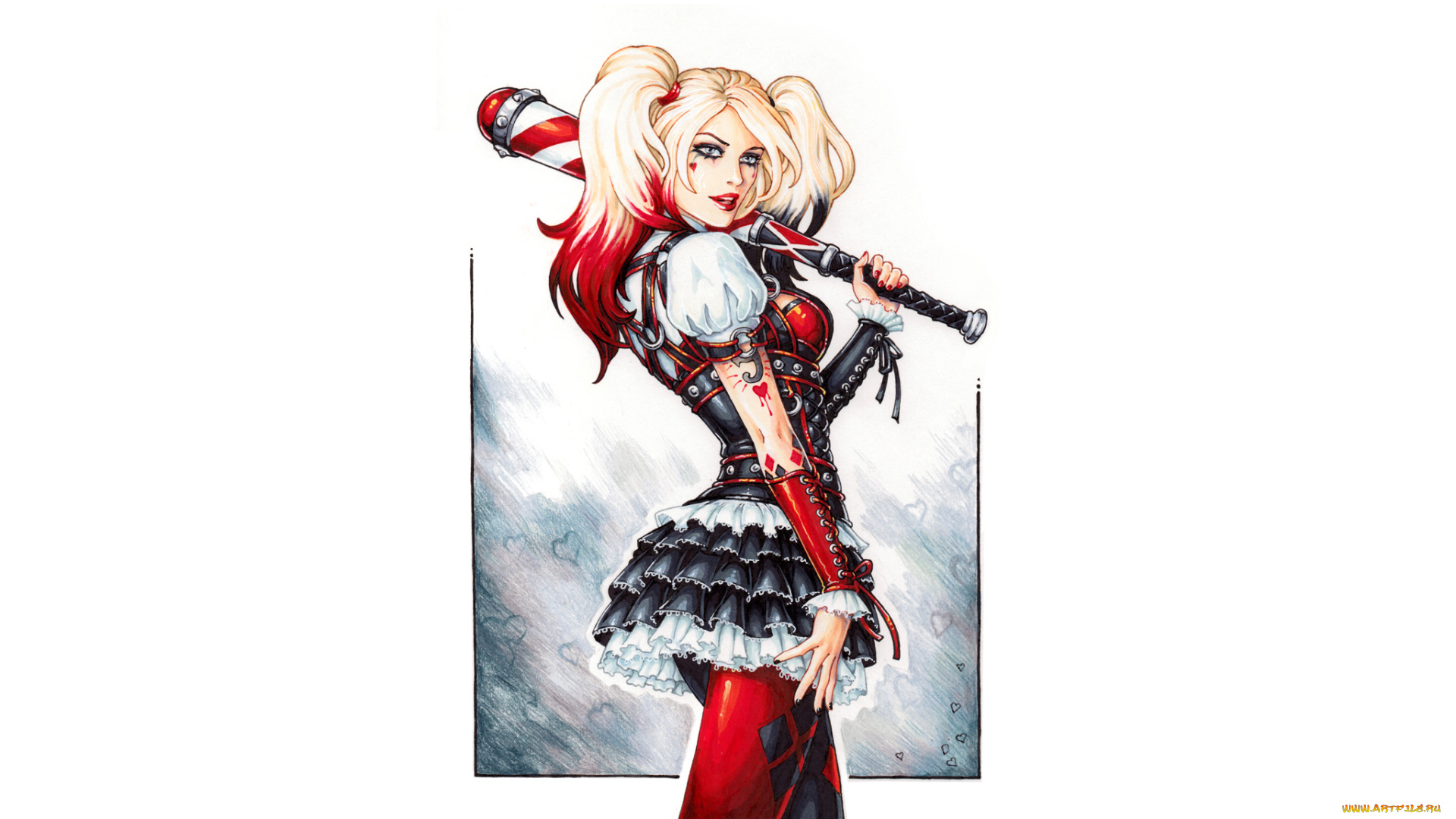 рисованное, комиксы, фон, девушка, бита, взгляд