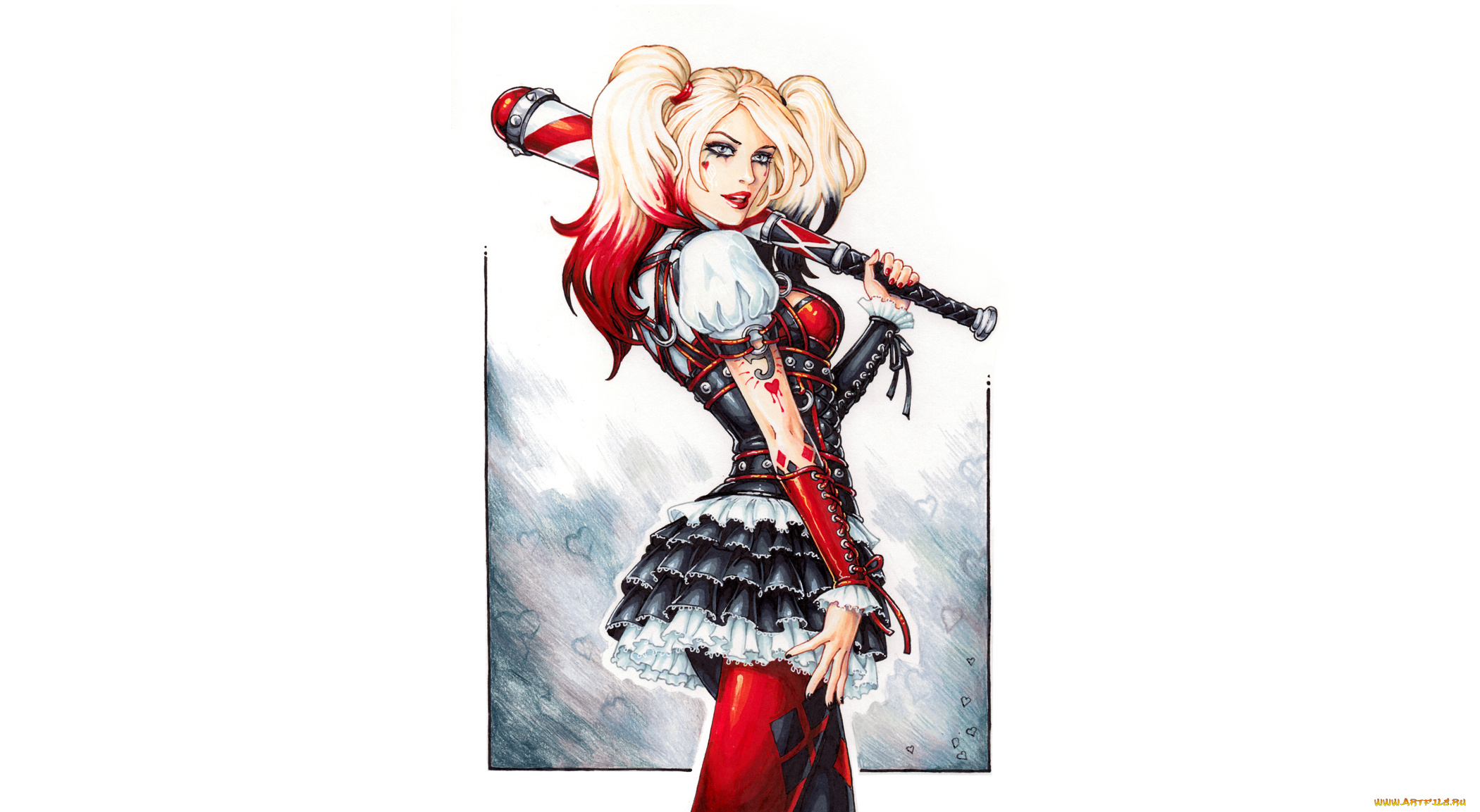 рисованное, комиксы, фон, девушка, бита, взгляд