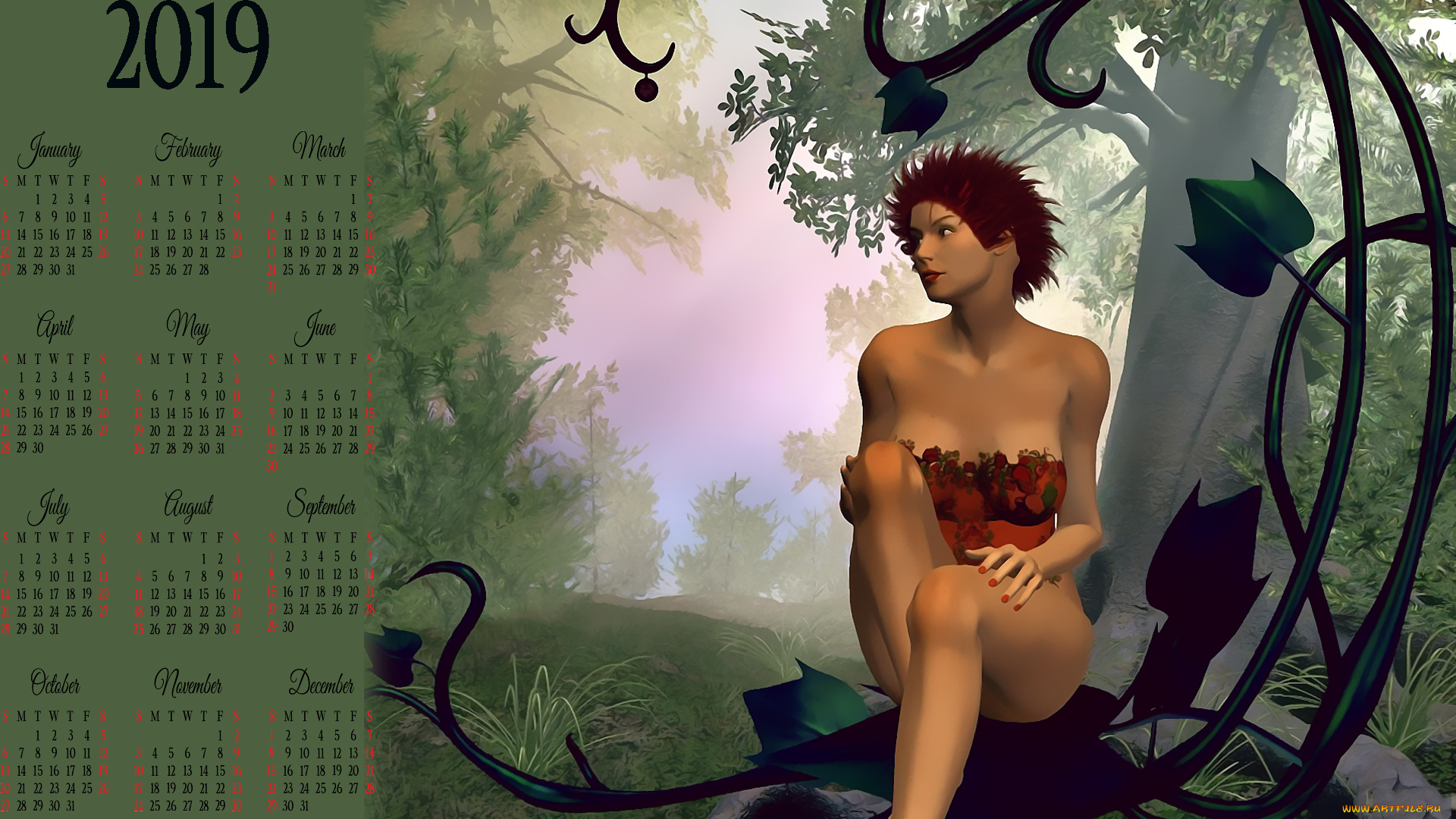 календари, 3д-графика, природа, растение, дерево, девушка