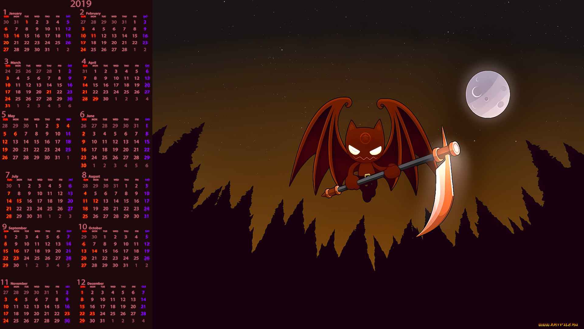 календари, фэнтези, ночь, луна, дерево, крылья, существо, коса