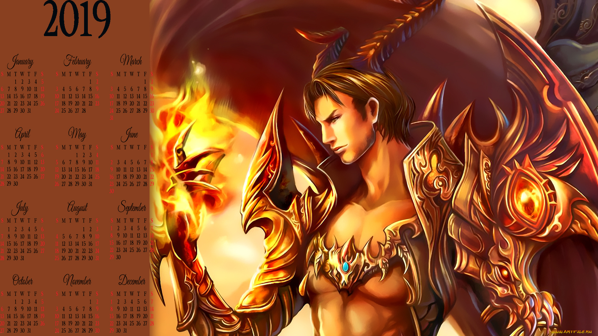 календари, фэнтези, пламя, рога, мужчина