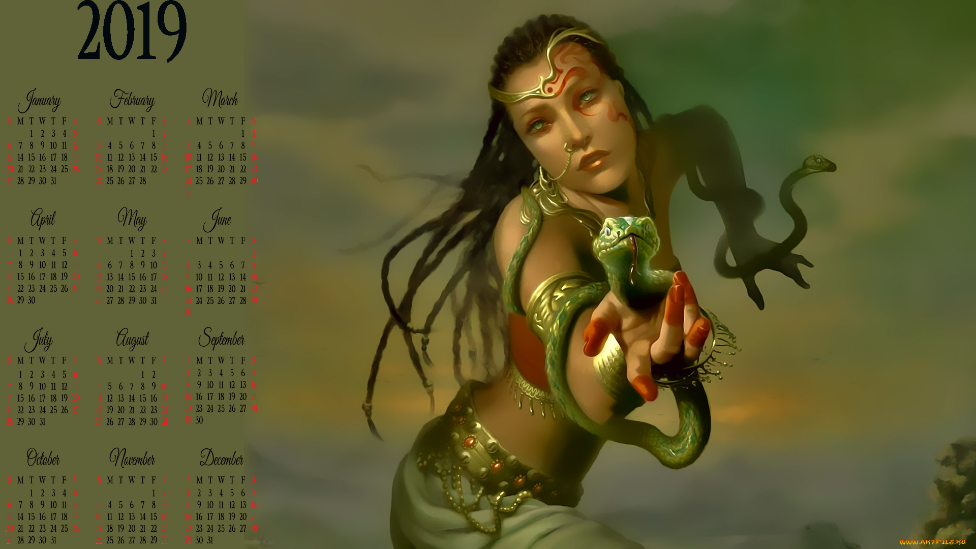 календари, фэнтези, змея, девушка, узор, тату
