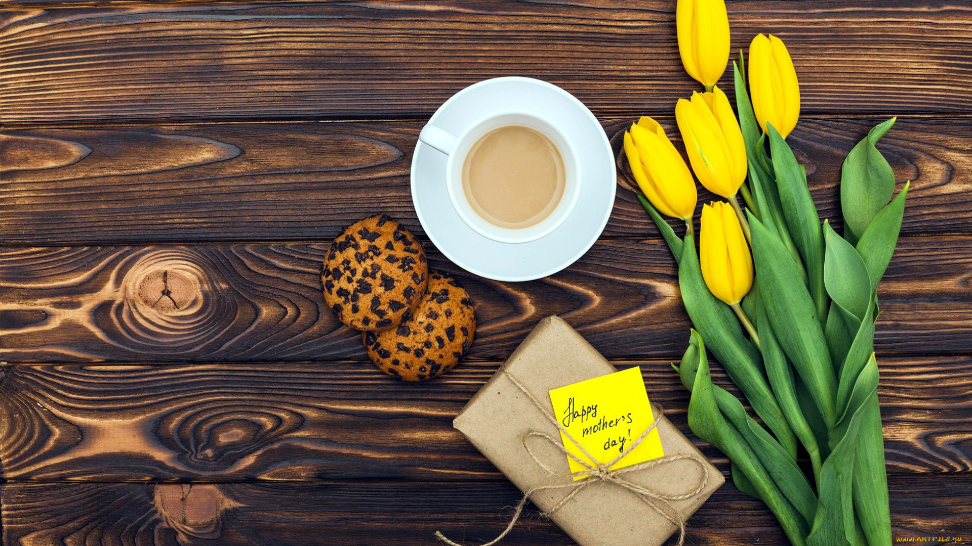 праздничные, день, матери, надпись, подарок, печенье, тюльпаны