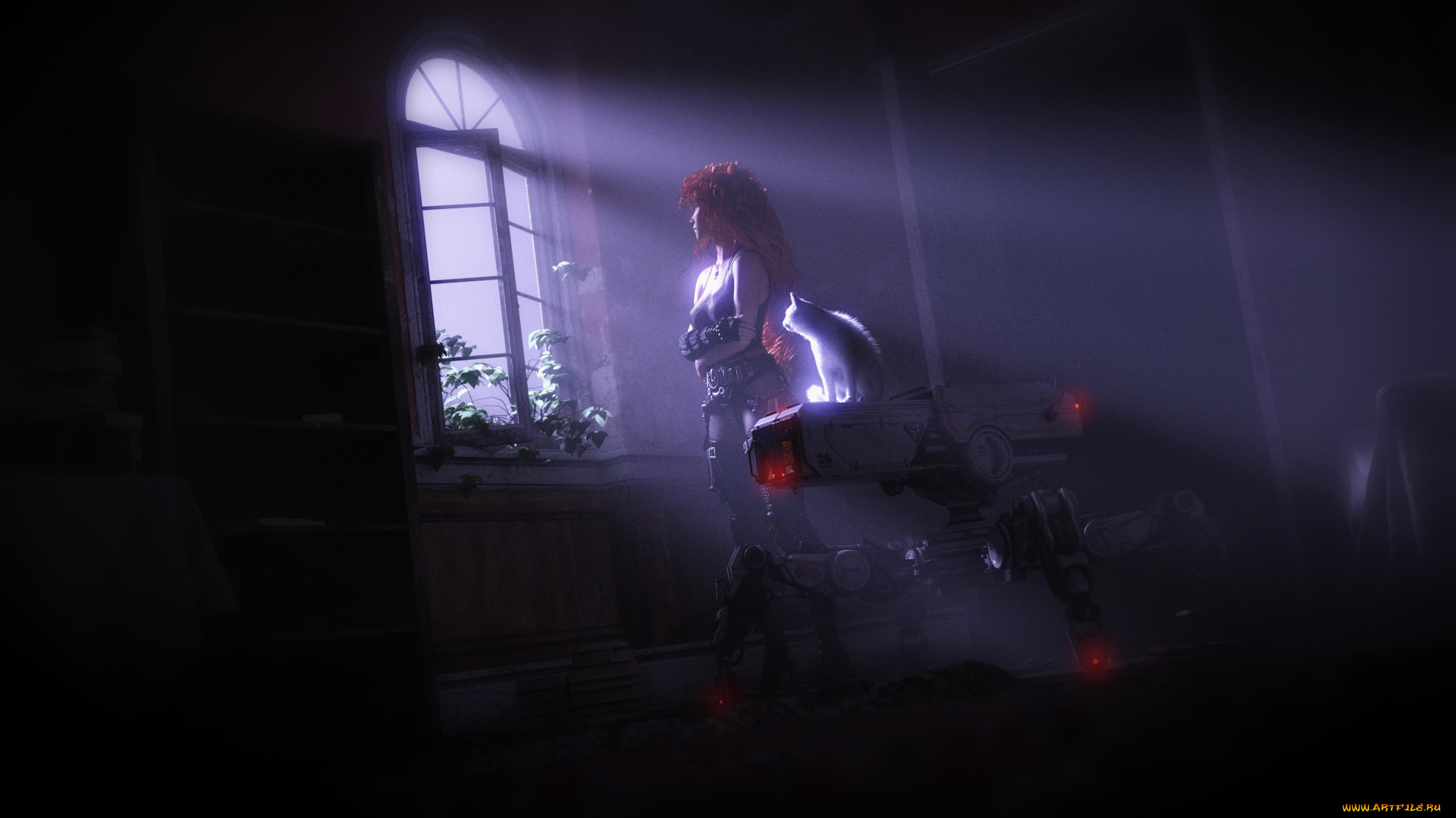 3д, графика, люди, и, животные, , people, and, animals, девушка, фон, окно, кот