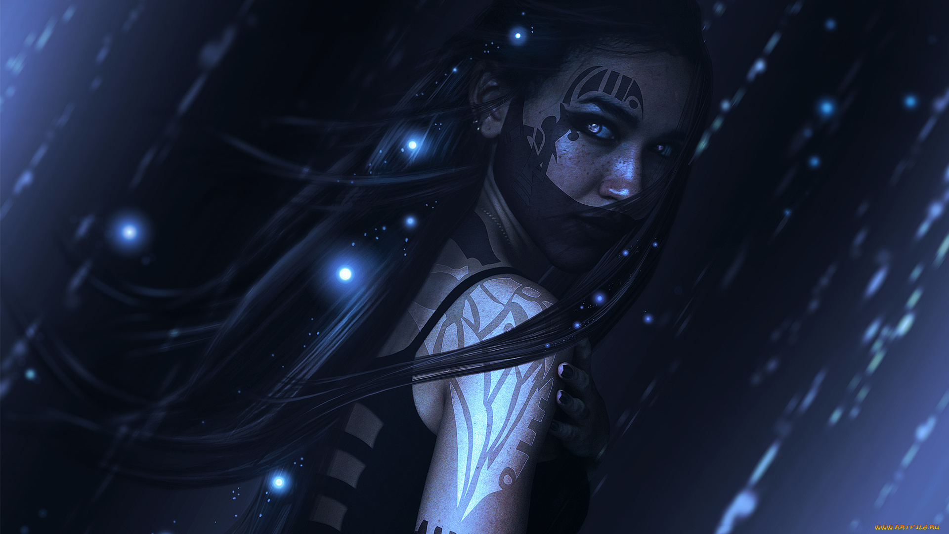 фэнтези, фотоарт, девушка, фон, взгляд, тату