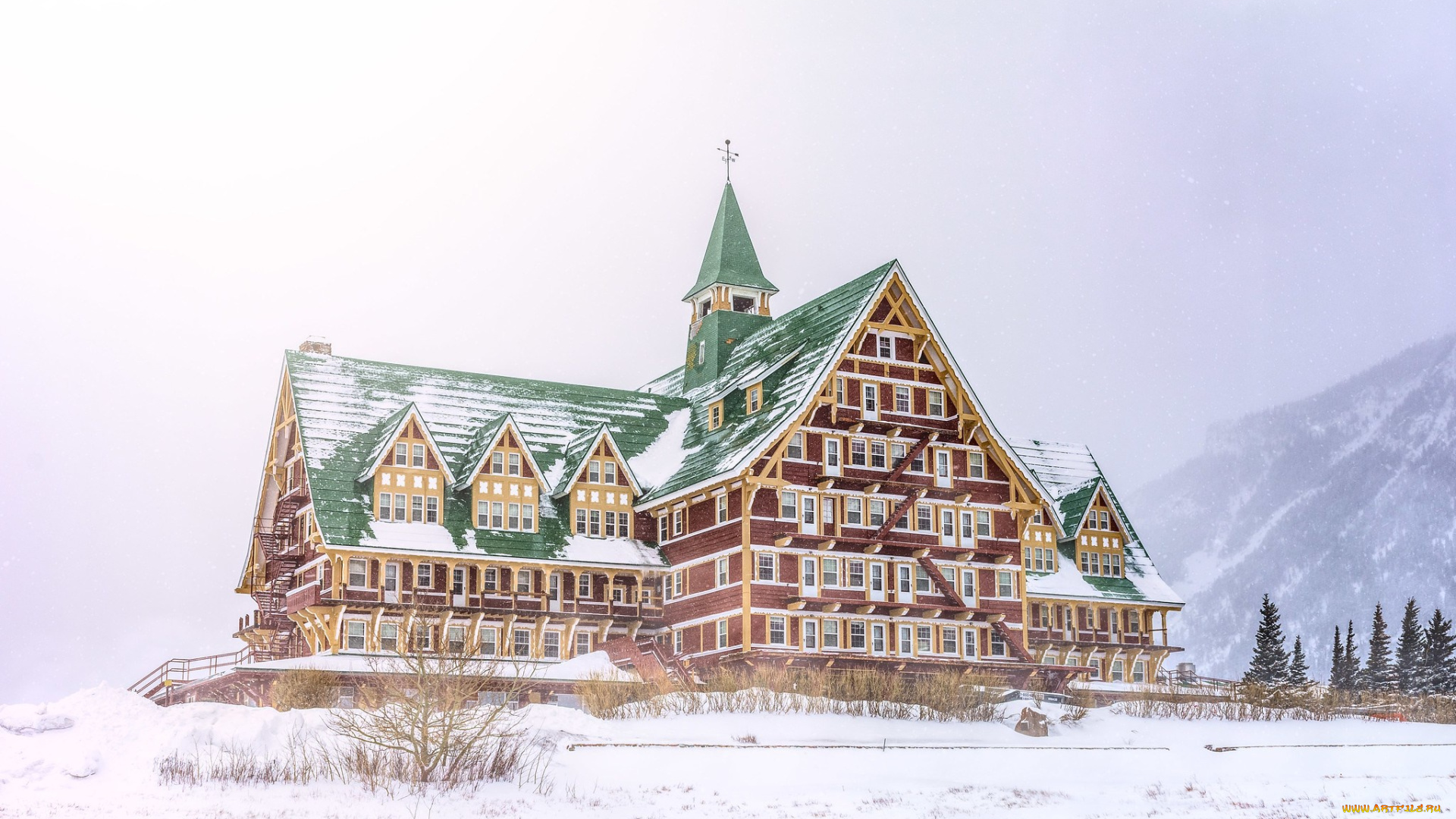 города, -, здания, , дома, отель, зима, флюгер, снег, здание