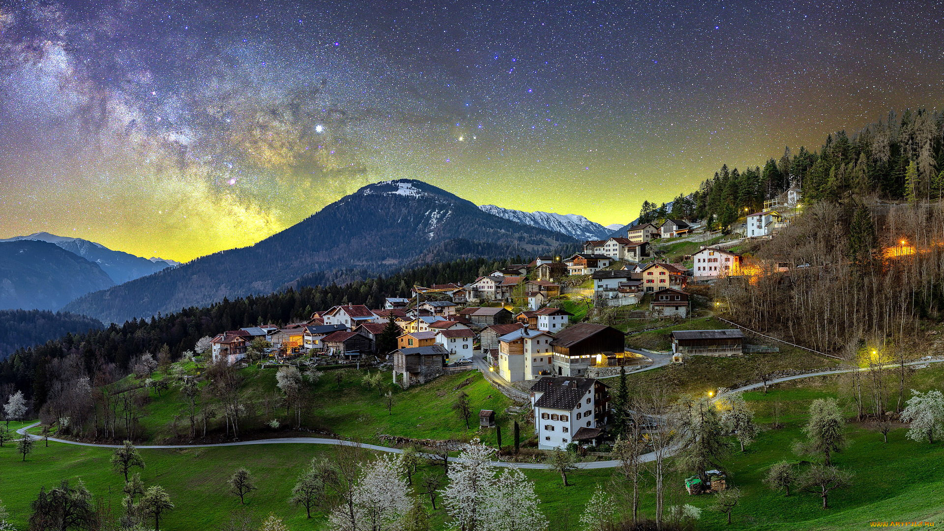 sogn, parcazi, castle, and, church, города, -, панорамы, горы, звезды, городок, панорама