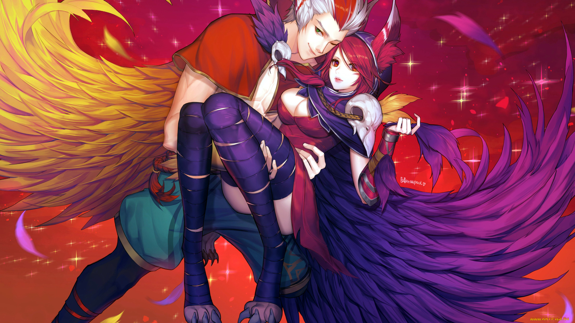 видео, игры, league, of, legends, rakan, xayah, пара, крылья, перья