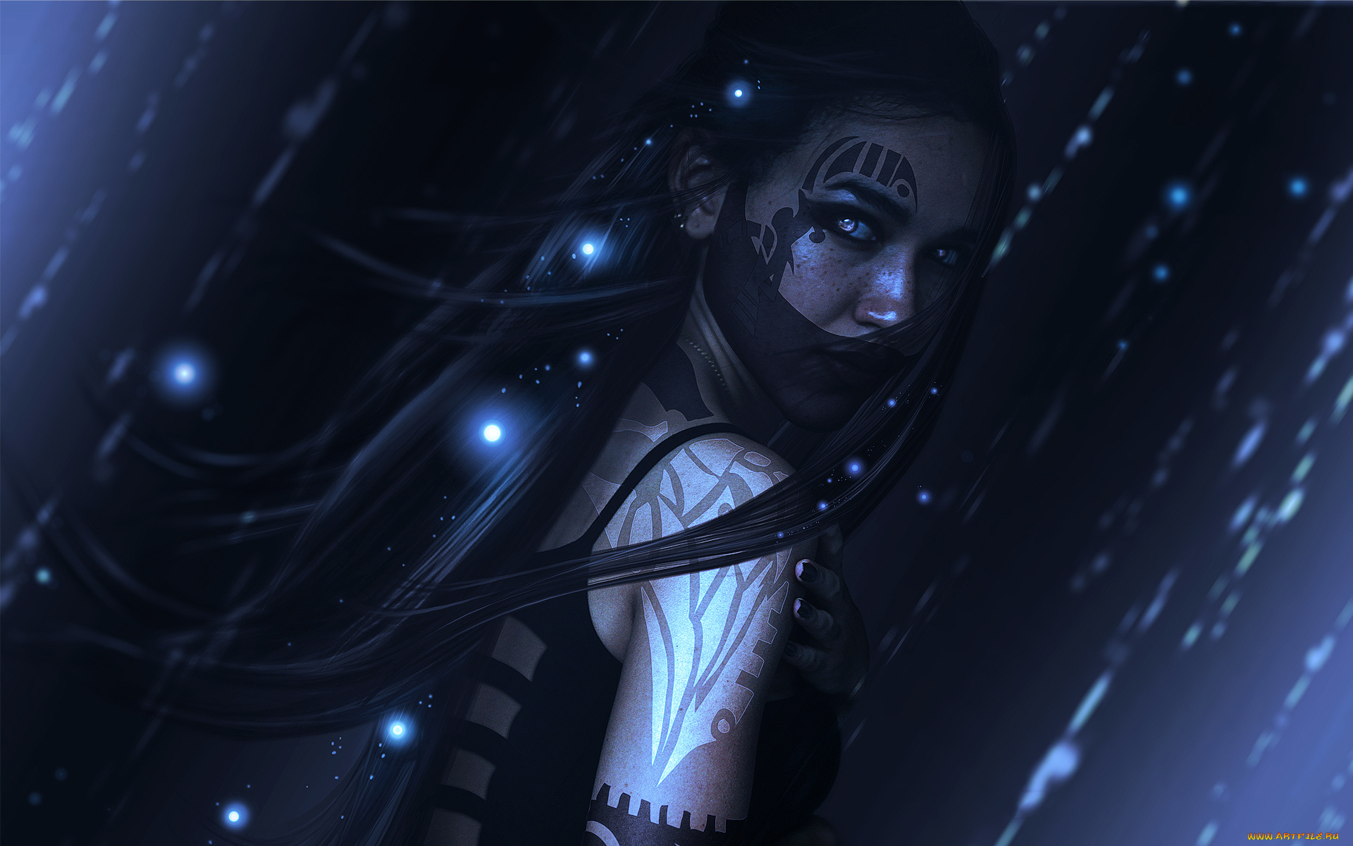 фэнтези, фотоарт, девушка, фон, взгляд, тату