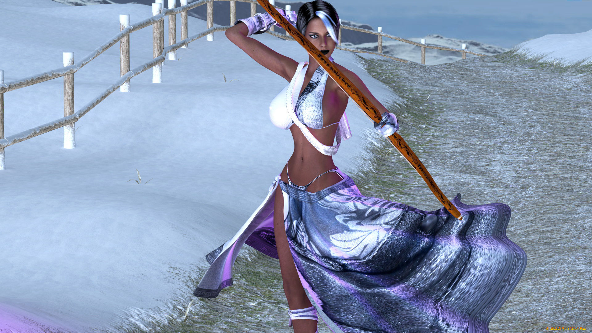 3д, графика, амазонки, , amazon, девушка, фон, лук, юбка, снег
