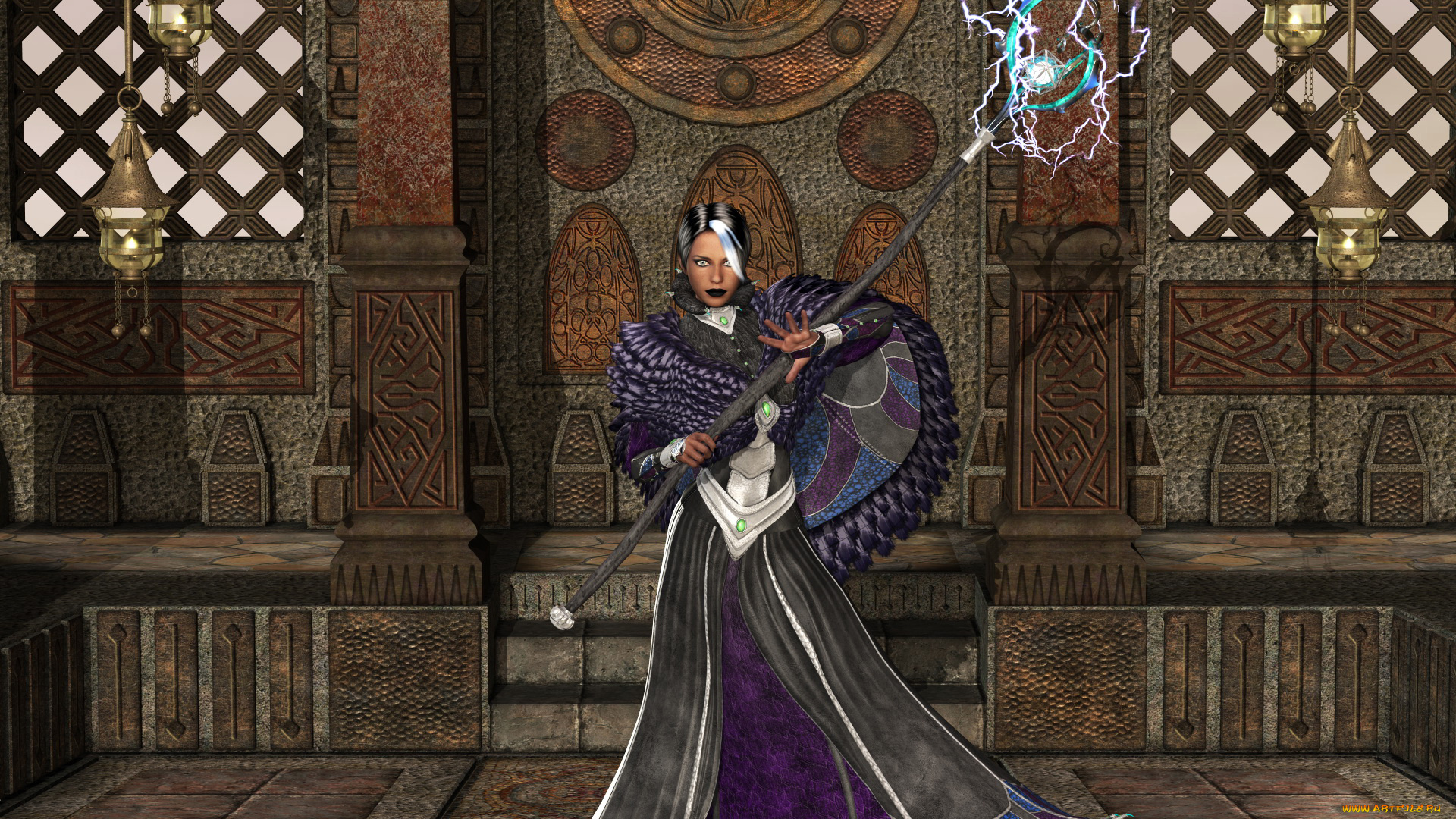 3д, графика, фантазия, , fantasy, девушка, фон, платье, посох, магия