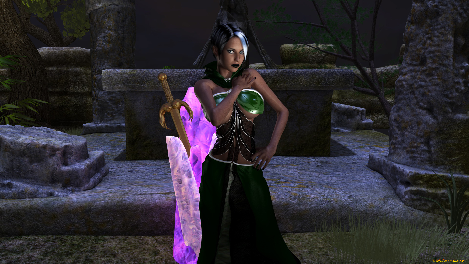 3д, графика, фантазия, , fantasy, девушка, фон, платье, меч