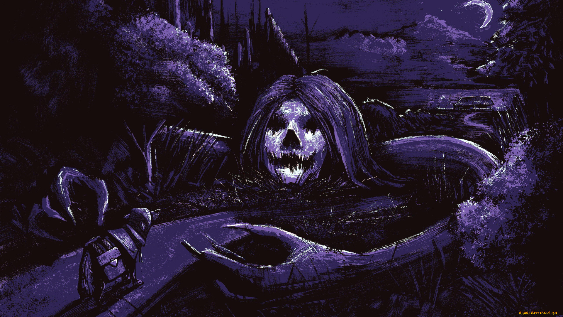 фэнтези, нежить, собака, ночь, дорога, монстр