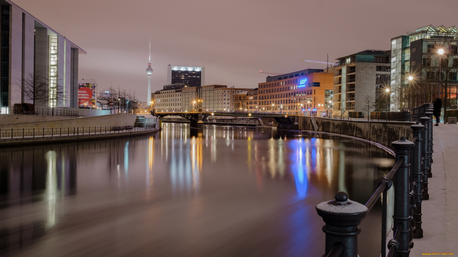 города, берлин, , германия, река, набережная, вечер