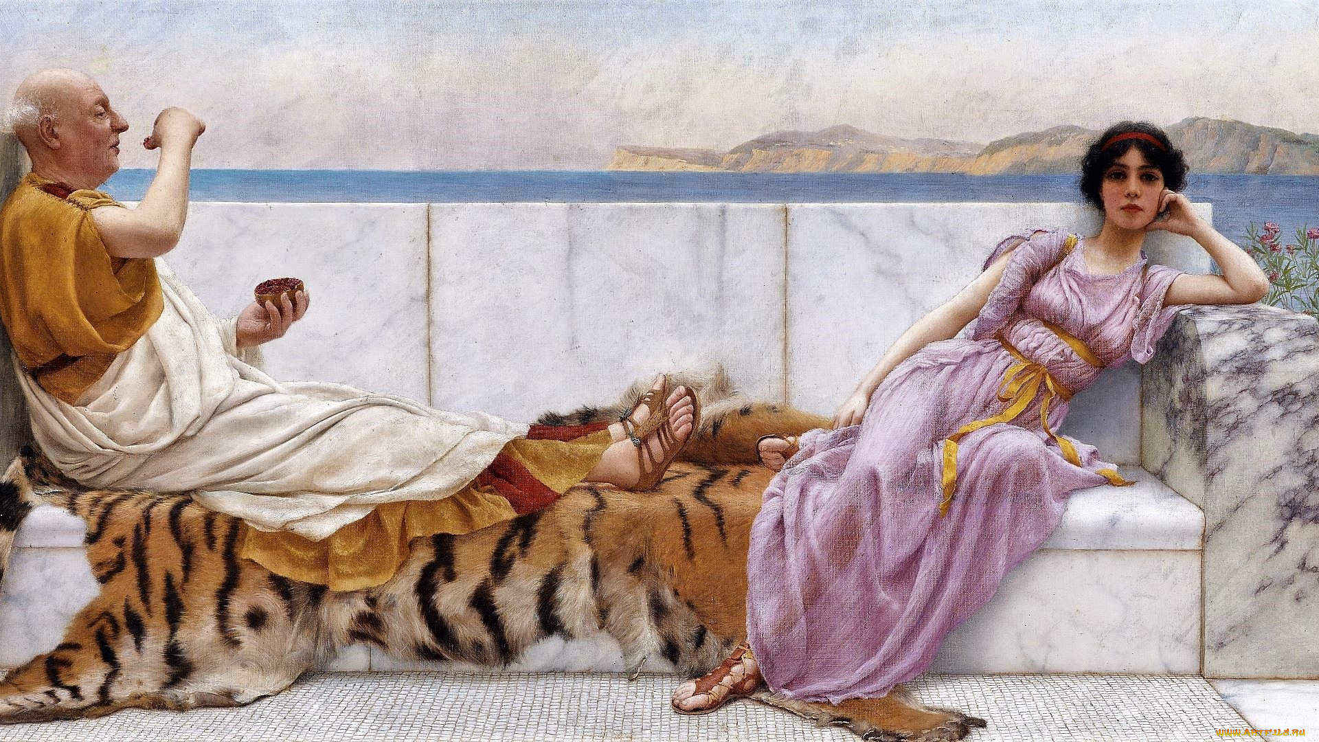 рисованное, john, william, godward, старик, девушка, скамья, шкура