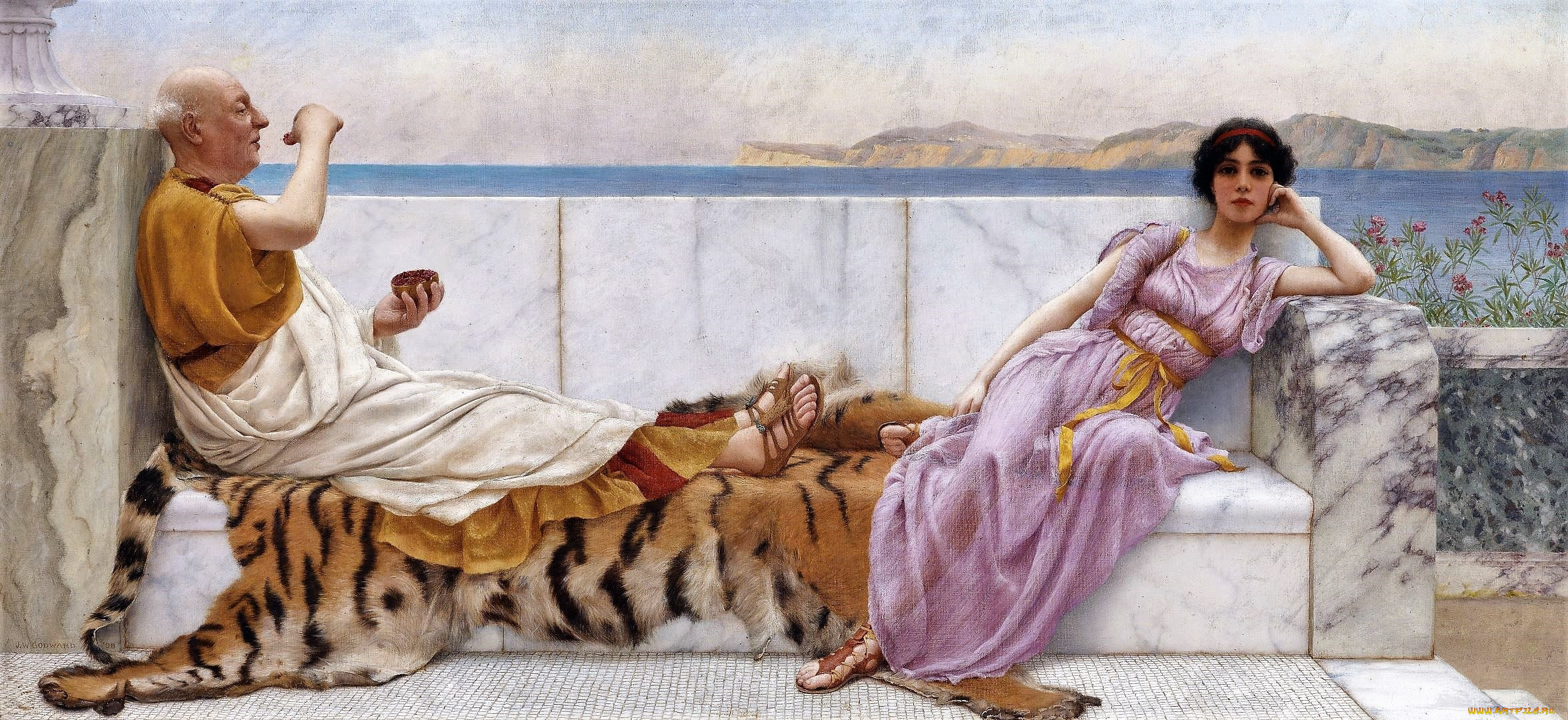 рисованное, john, william, godward, старик, девушка, скамья, шкура