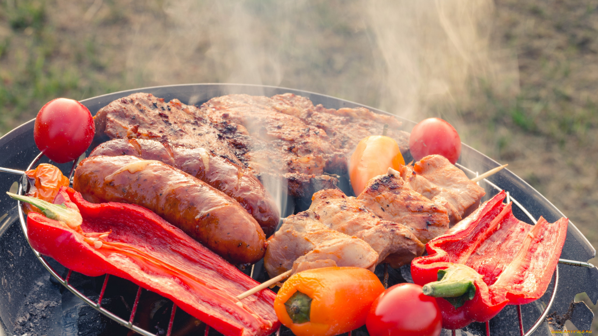 еда, шашлык, , барбекю, мангал, мясо, колбаски, перец