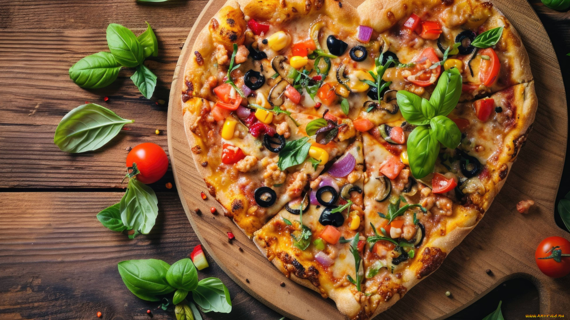 еда, пицца, базилик, помидоры, маслины