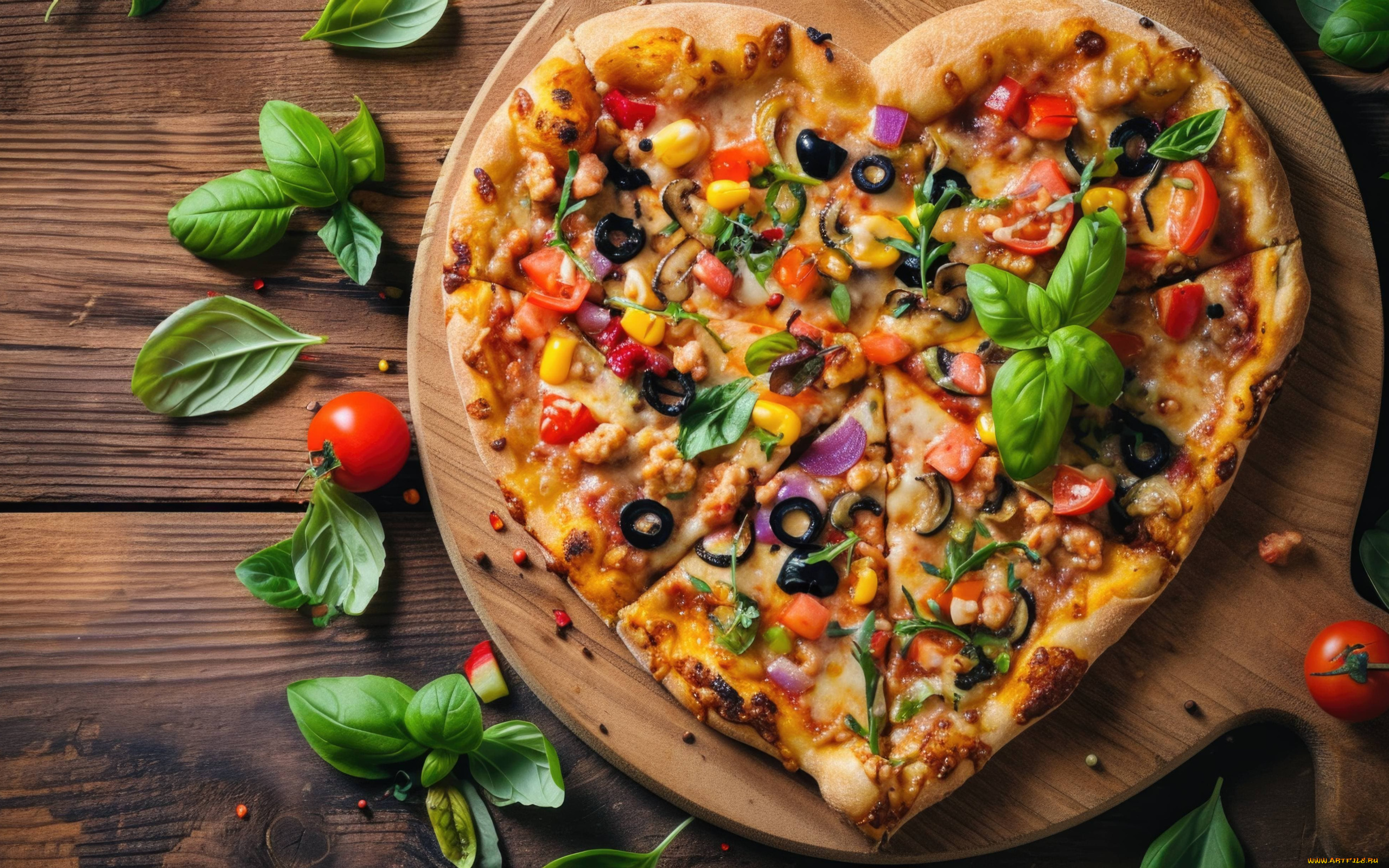 еда, пицца, базилик, помидоры, маслины