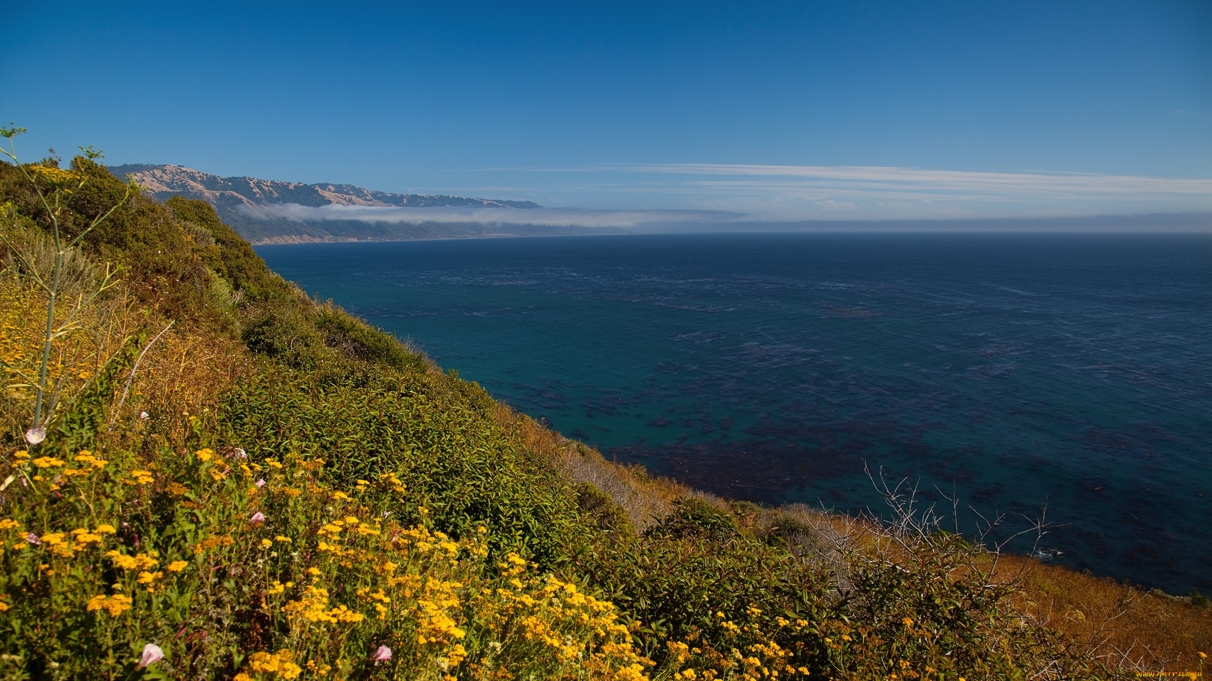 природа, побережье, море, горы, трава