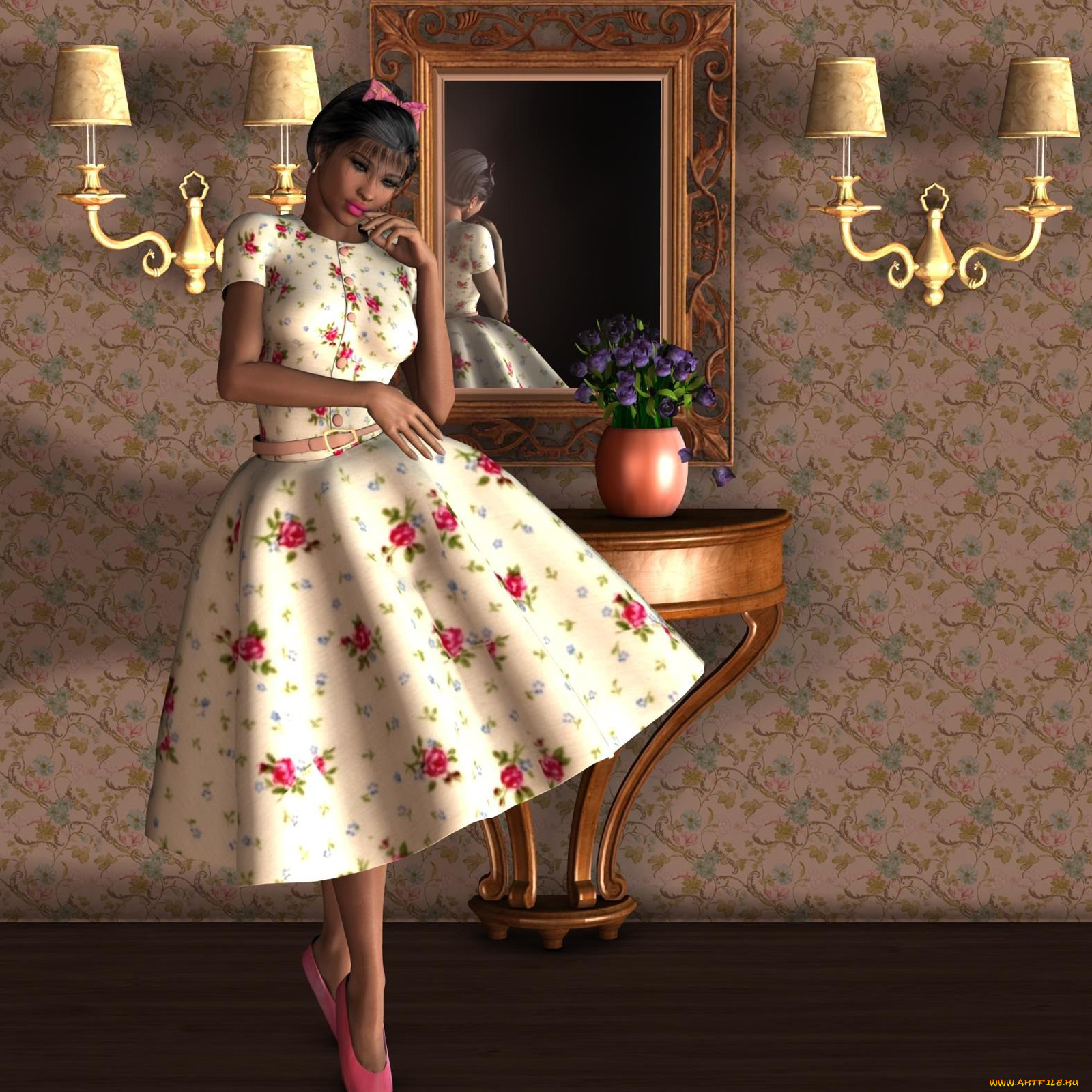 3д, графика, people, люди, зеркало, charming, девушка, цветы