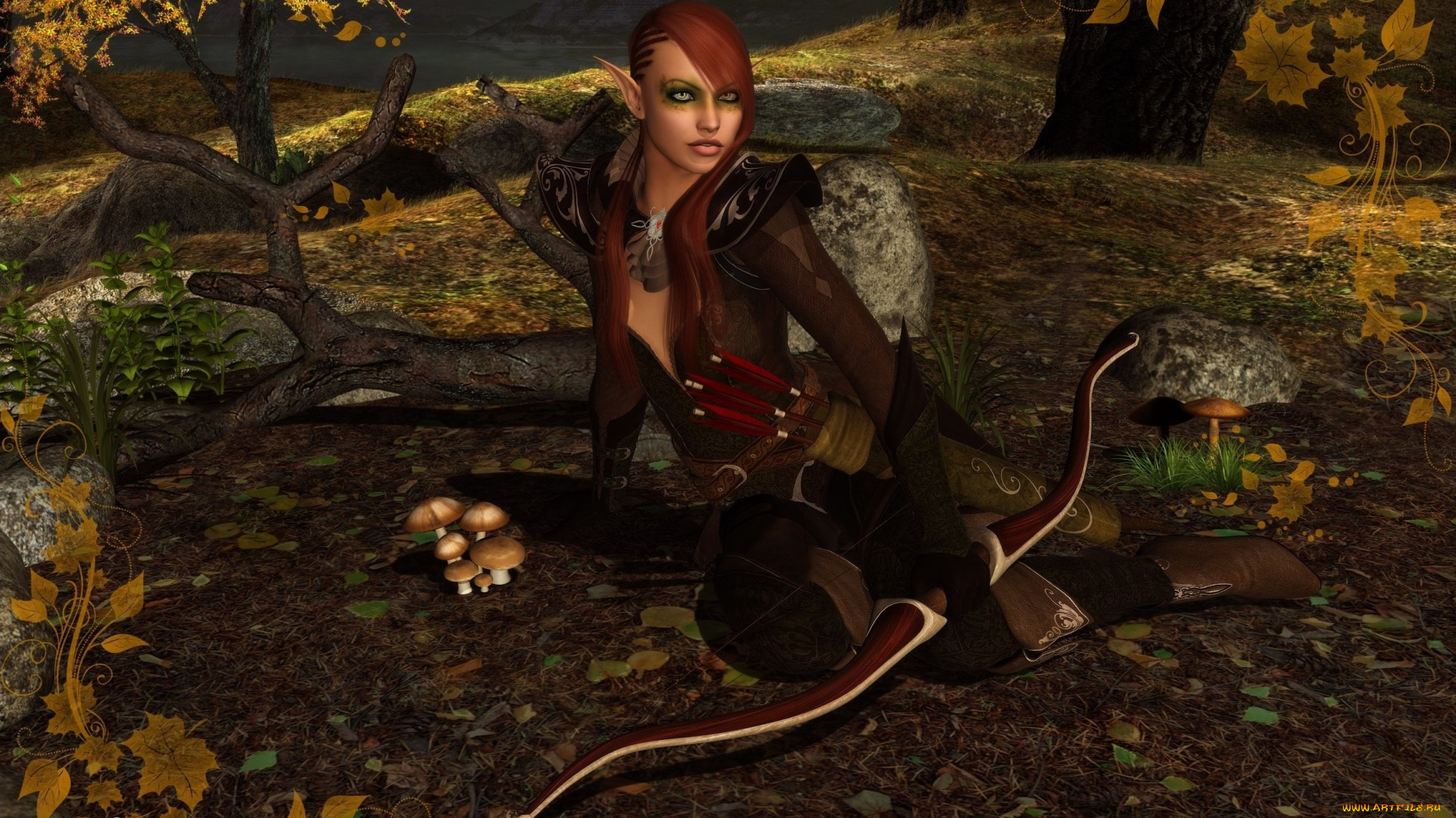 3д, графика, elves, эльфы, лук, грибы, эльфийка, лес