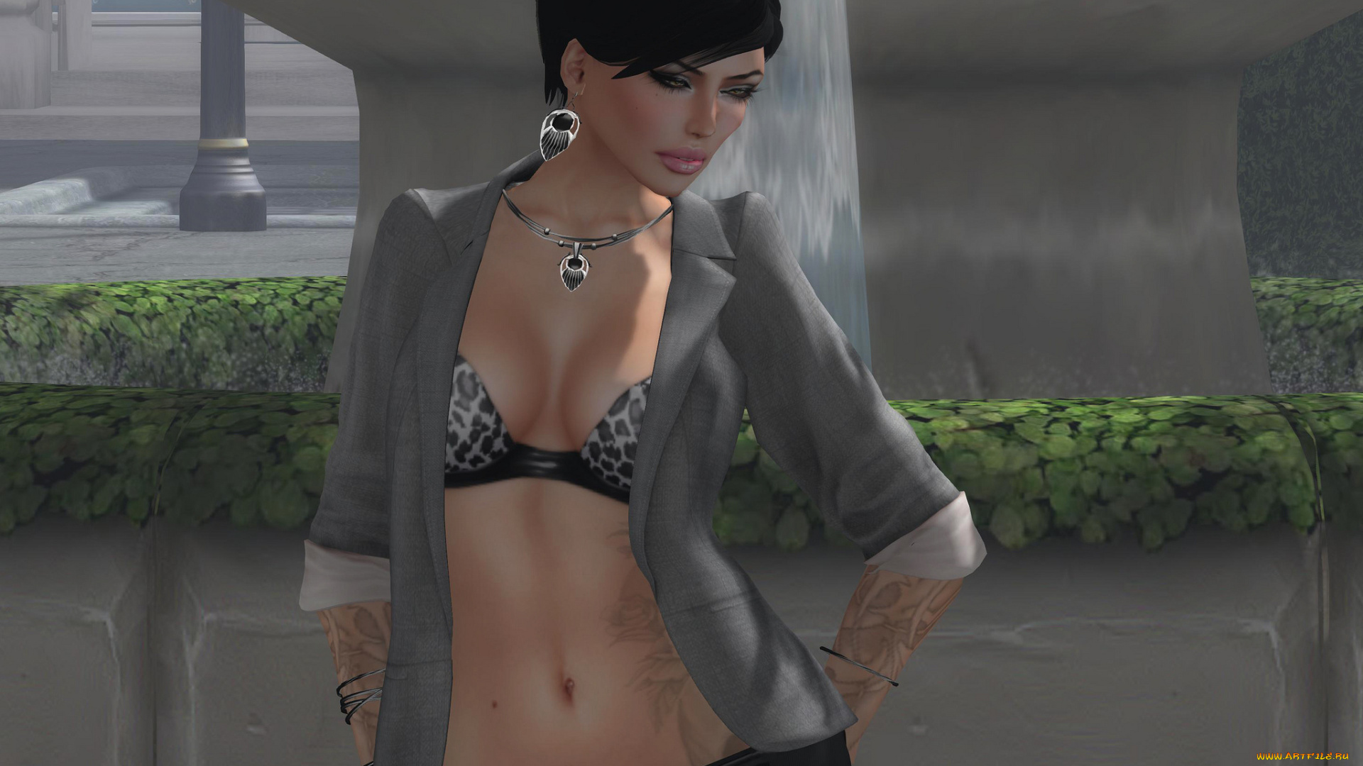 3д, графика, people, люди, девушка, стиль, тату, очки, пиджак, фонтан