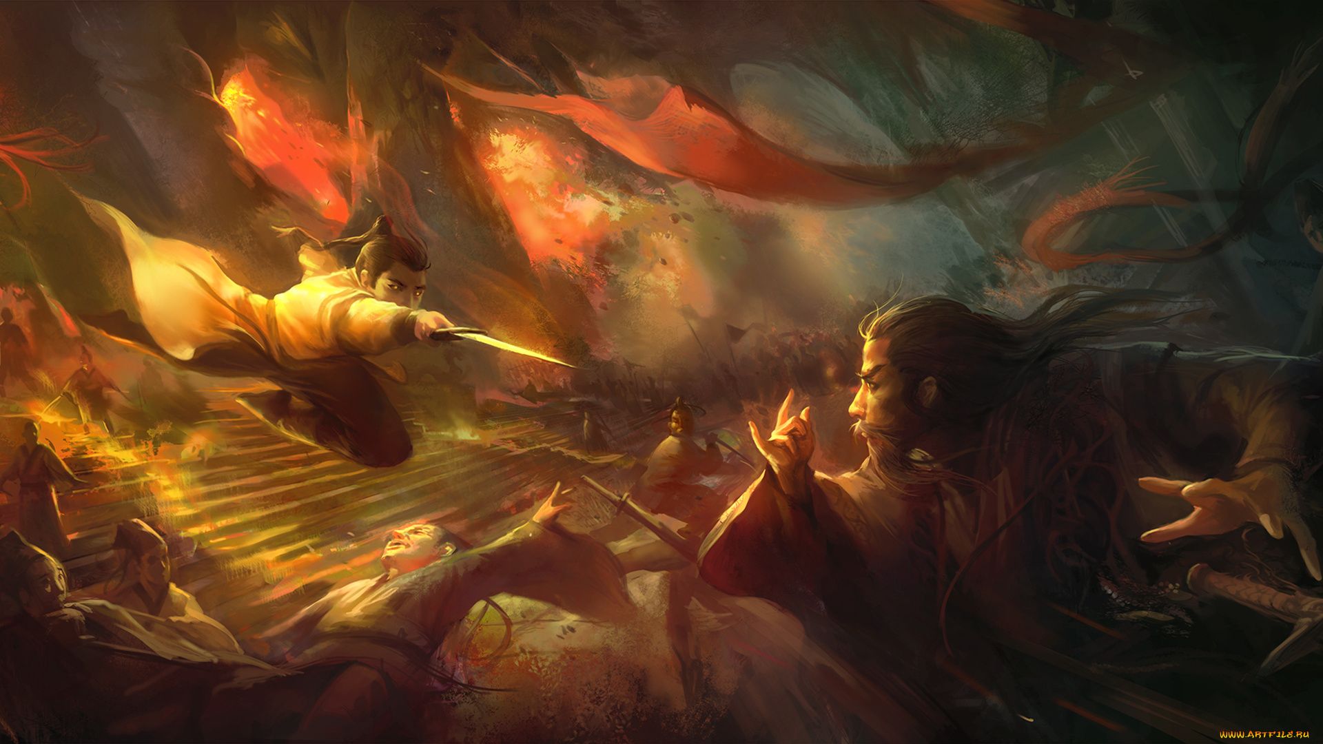 фэнтези, люди, кинжал, сражение, ступеньки