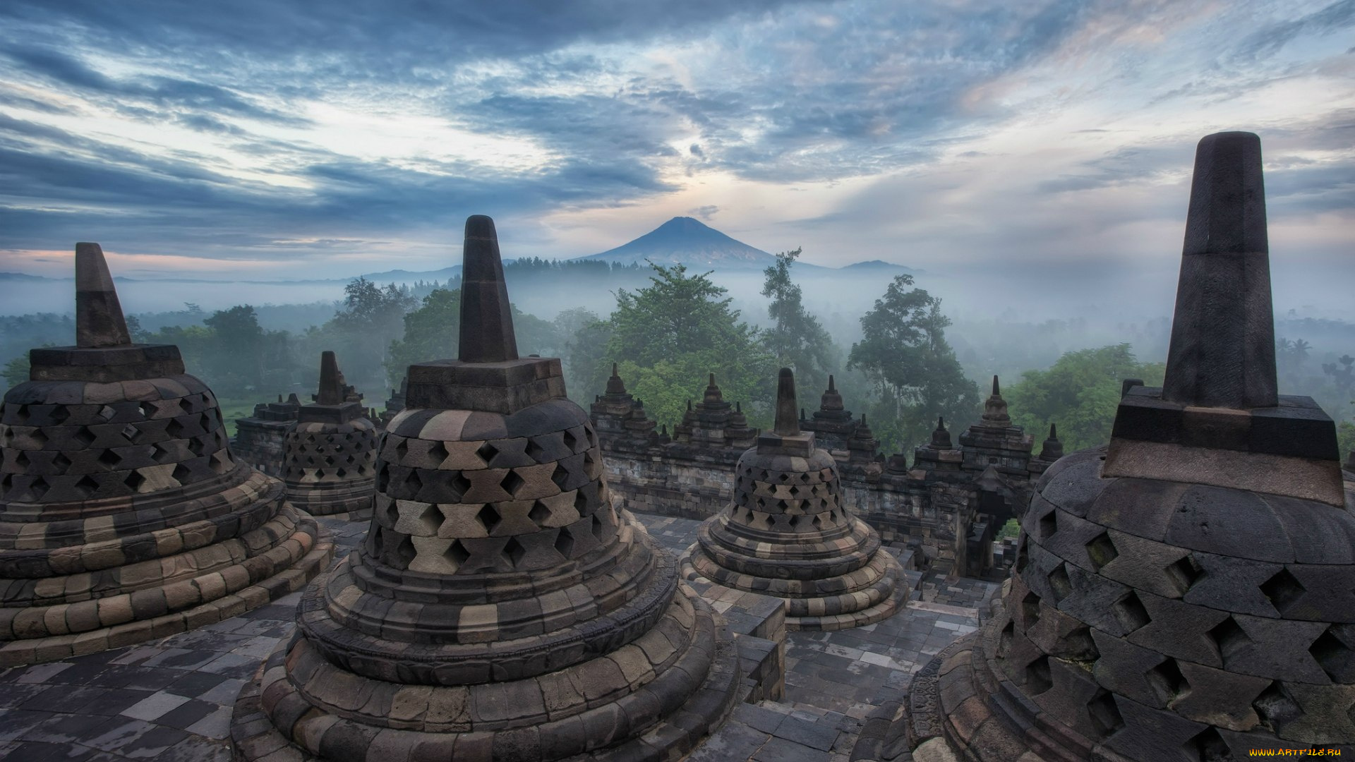 индонезия, остров, Ява, храм, боробудур, города, буддистские, другие, храмы, туман