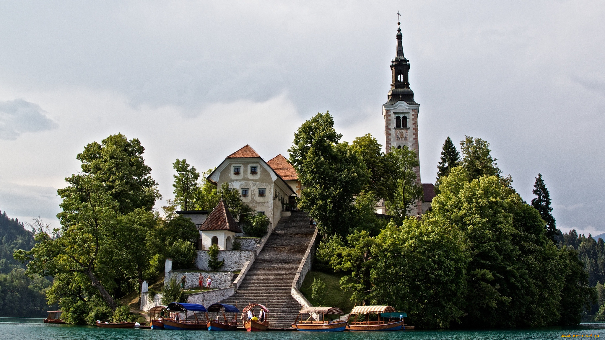 города, блед, словения, костел, остров, лестница