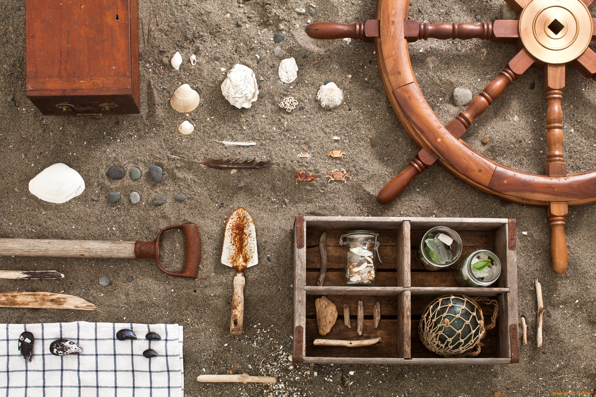 разное, другое, штурвал, ракушки, песок, крабы