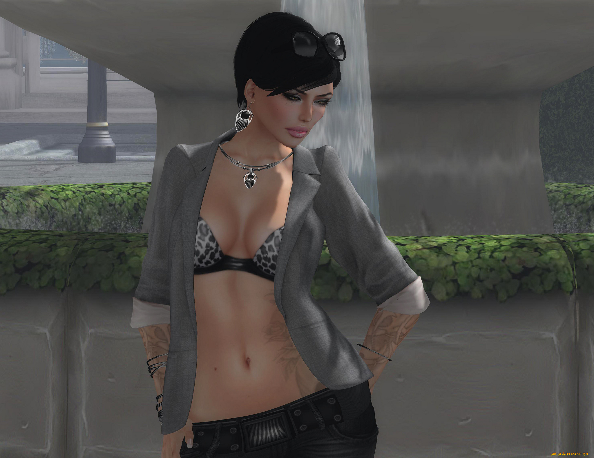 3д, графика, people, люди, девушка, стиль, тату, очки, пиджак, фонтан