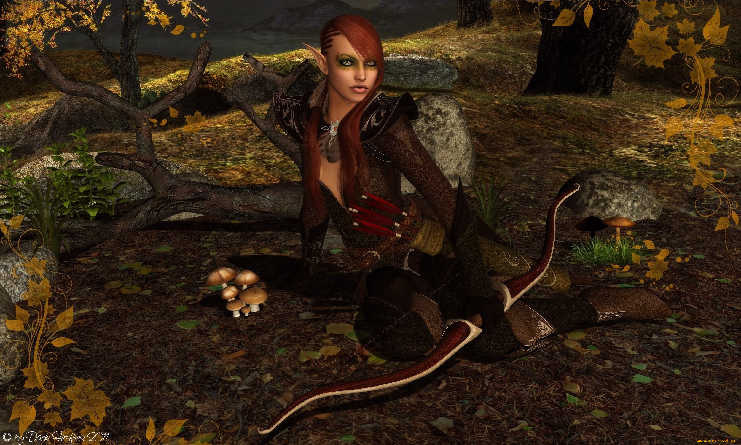 3д, графика, elves, эльфы, лук, грибы, эльфийка, лес