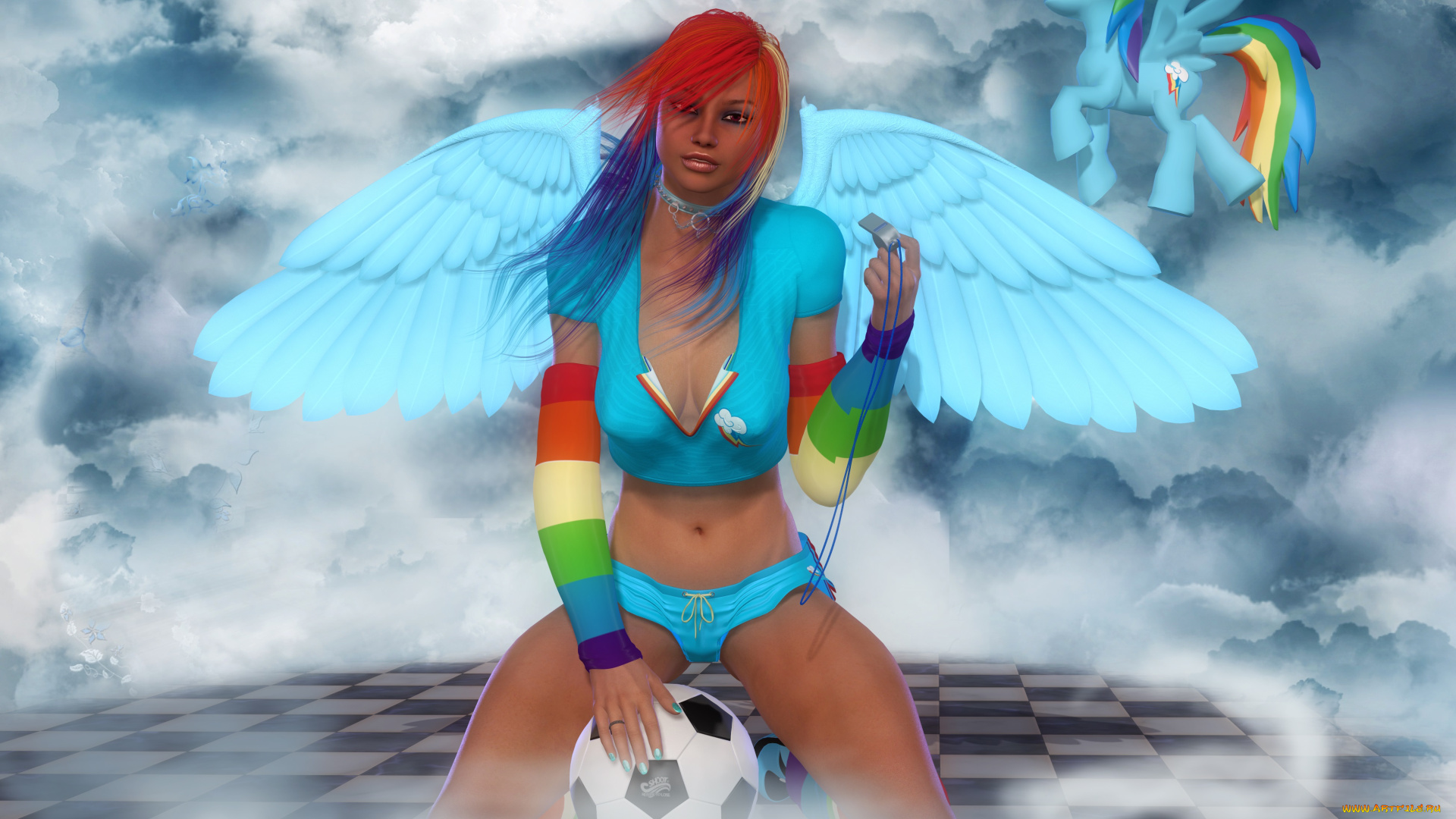 3д, графика, ангел, , angel, девушка, взгляд, пони, крылья, облака