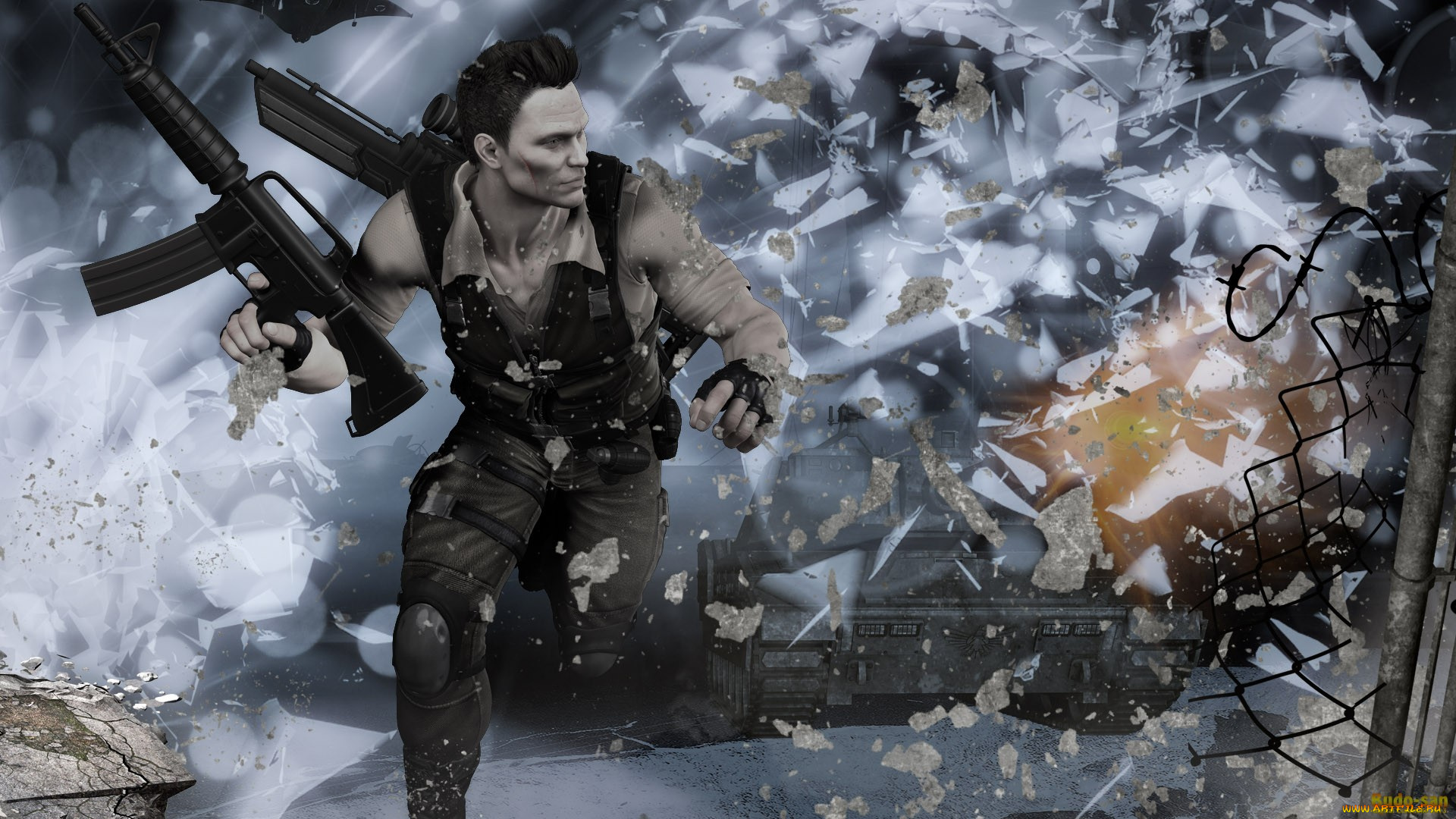 3д, графика, армия, , military, мужчина, оружие, взрыв, осколки