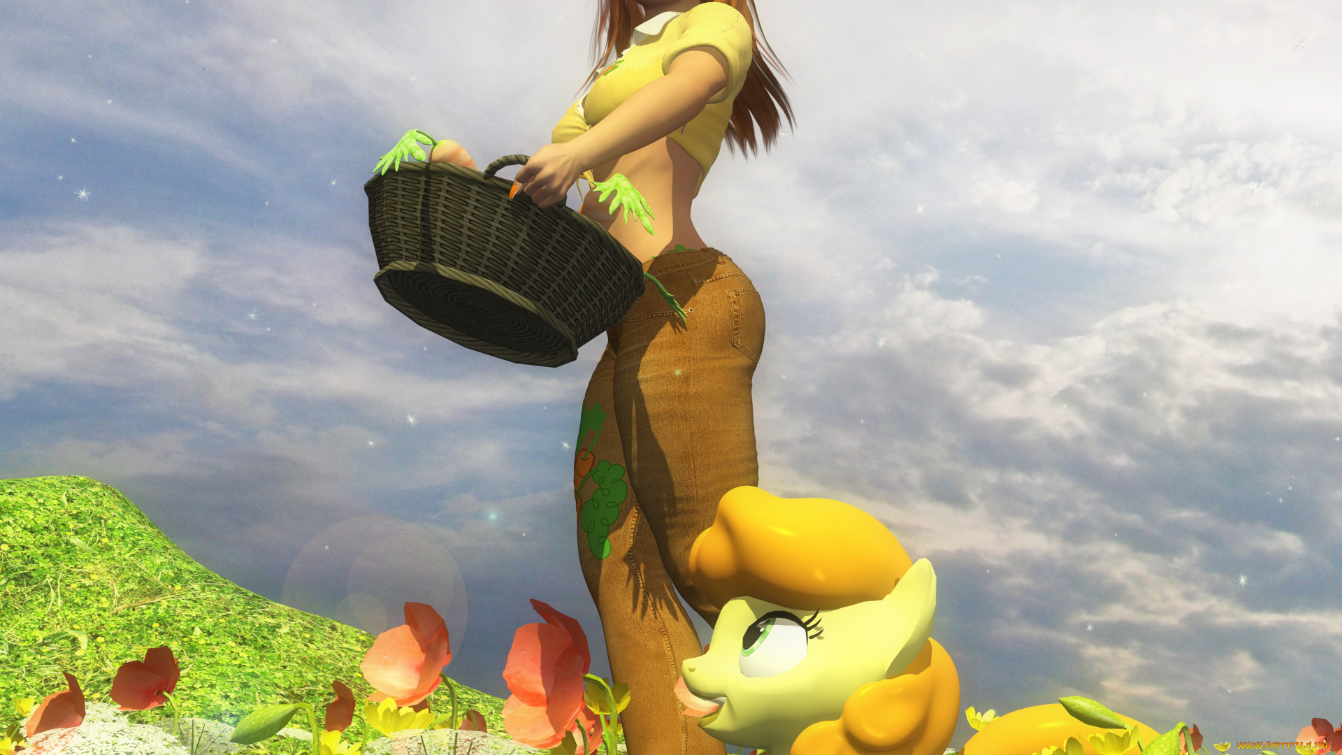 3д, графика, люди, , people, девушка, взгляд, цветы, корзина, пони