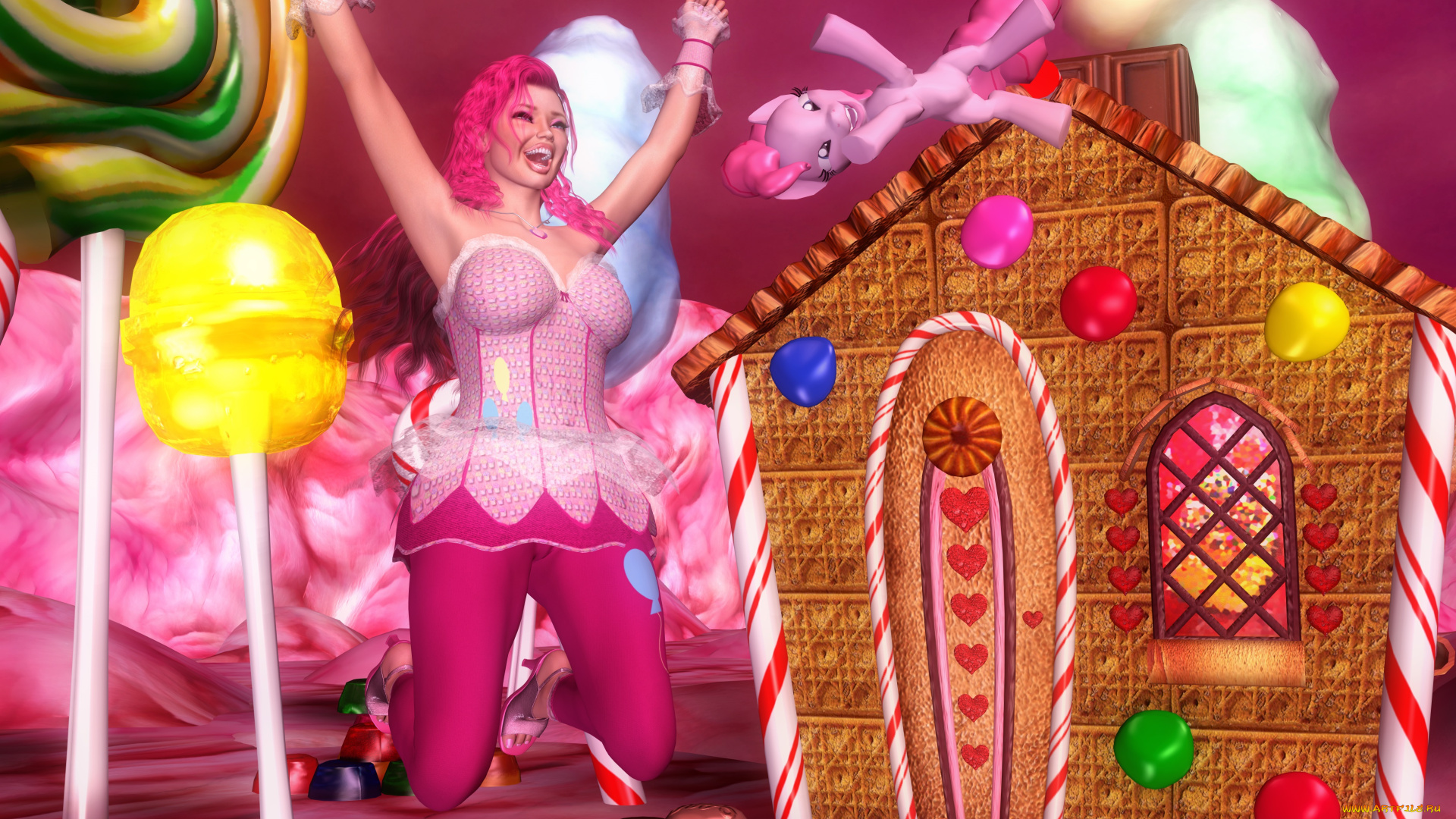 3д, графика, люди, , people, девушка, взгляд, пони, улыбка, радость, конфеты