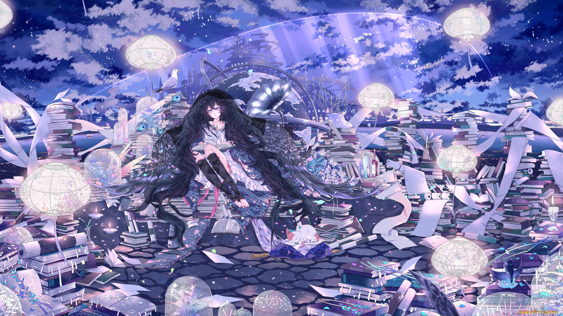 аниме, -angels, &, demons, кошка, облака, небо, книги, фонари, свитки, стопки, лучи, тетради, свет, свечи, город, арт, чёрные, крылья, брюнетка, девушка
