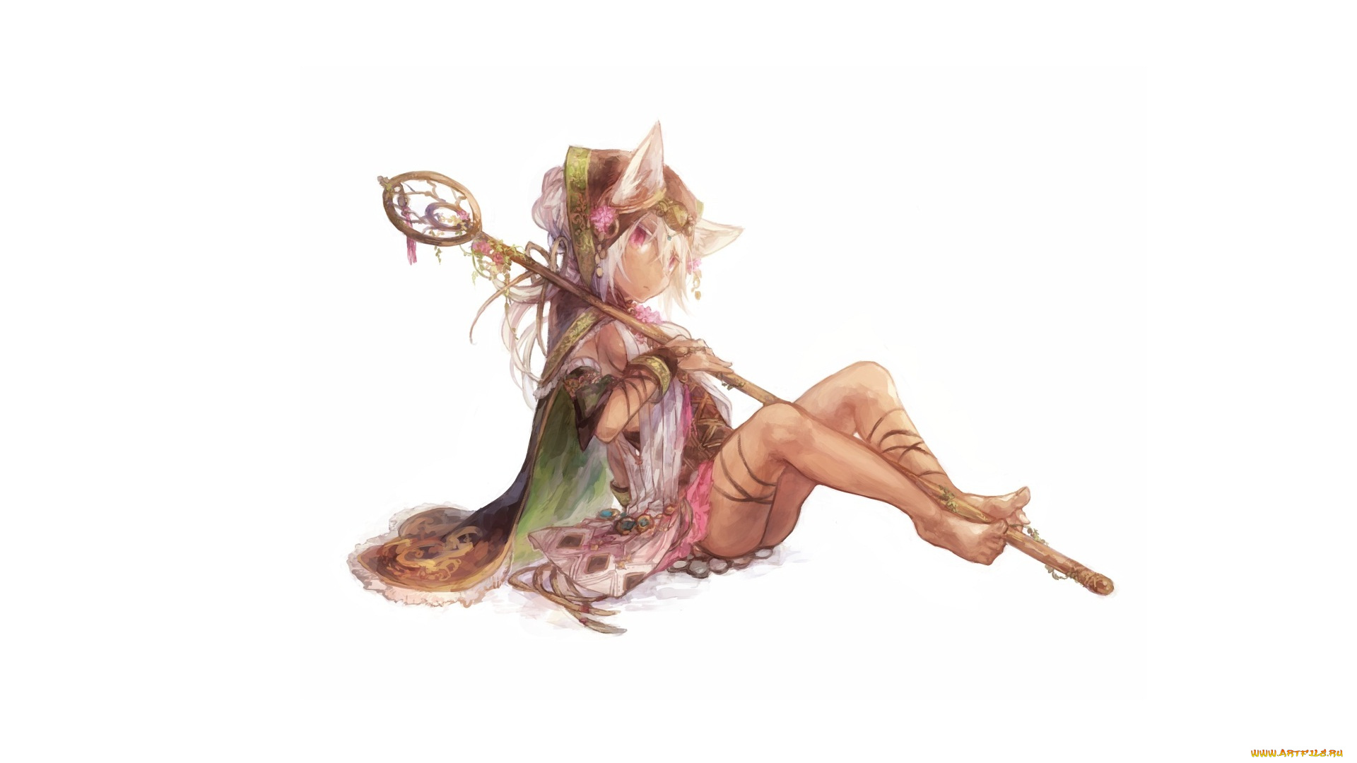 аниме, -animals, &, creatures, девушка, маг, посох, ушки