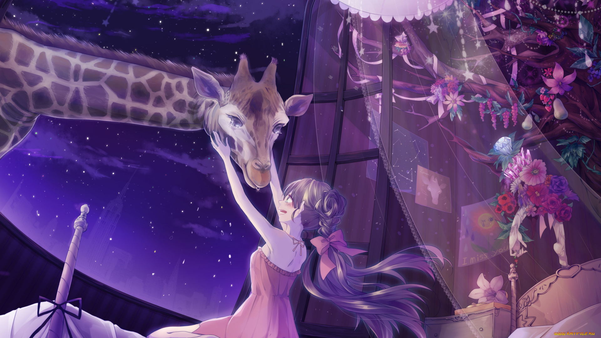 аниме, -animals, &, creatures, девушка, животное, жираф, ткань, тюль, дерево, цветы, кровать, шатенка, бантики, ночь