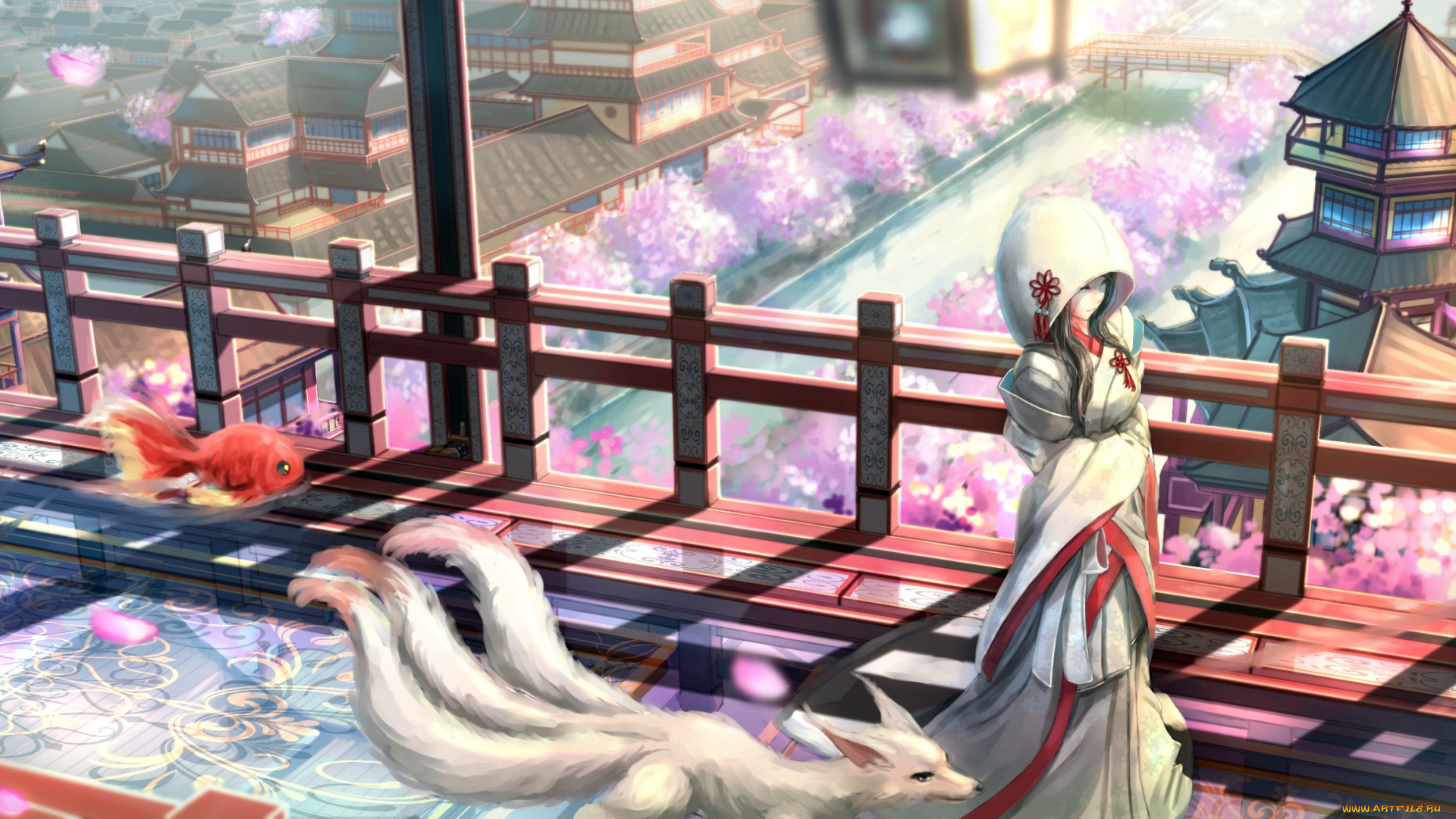 аниме, -animals, &, creatures, девушка, животные, рыбы, арт, река, мост, вода, цветущие, деревья, сакура