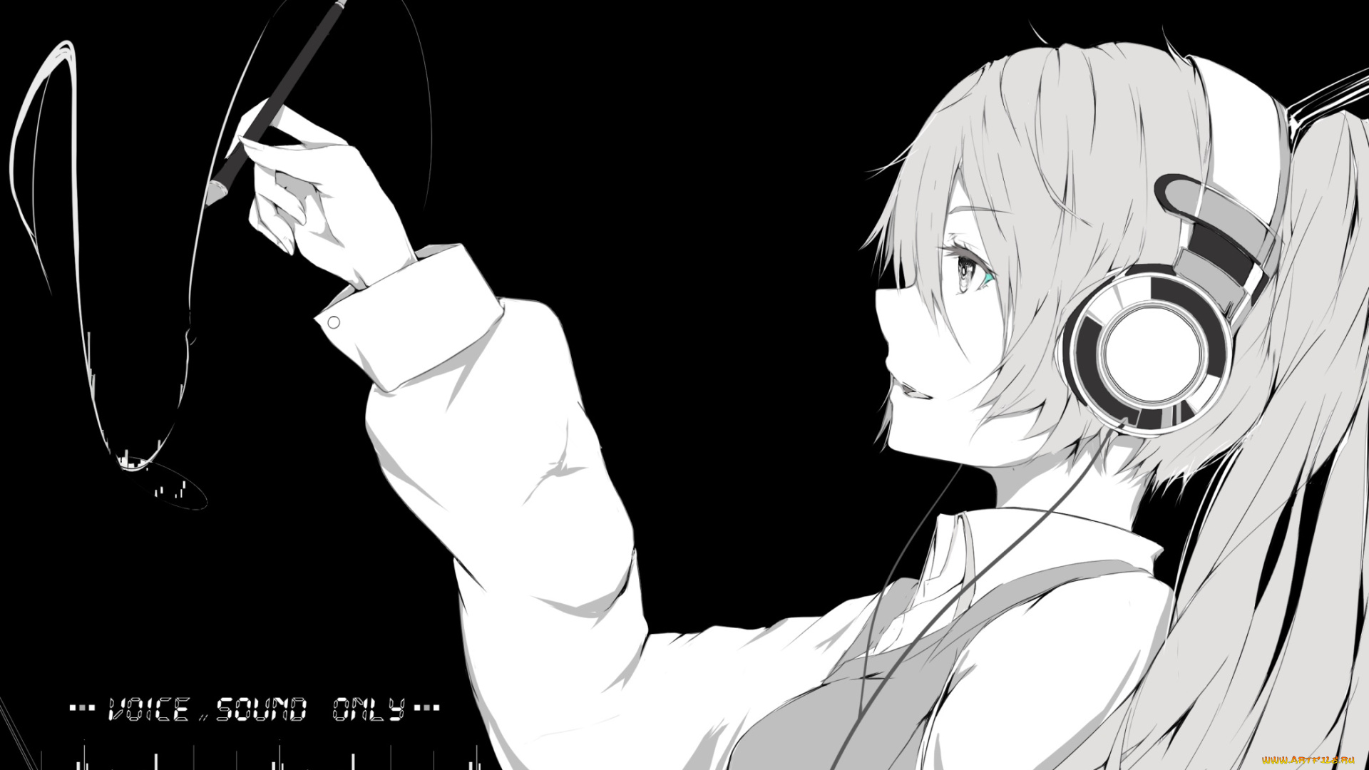 аниме, -headphones, &, instrumental, чёрно-белая, девушка, кисточка, наушники