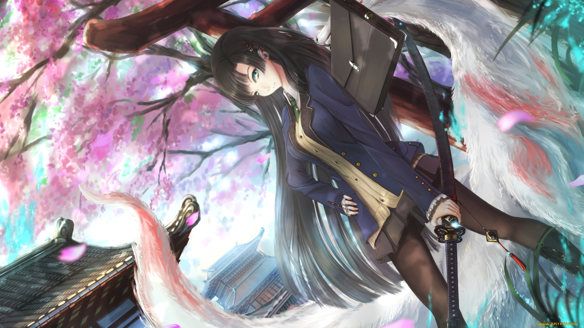 аниме, -weapon, , blood, &, technology, девушка, брюнетка, арт, деревья, сумка, цветение, сакура, хвост, меч, взгляд
